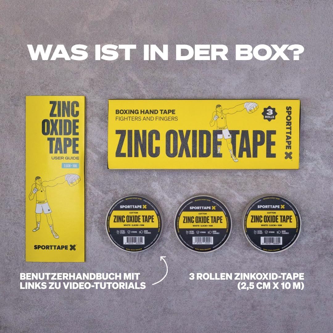 Verpackungsinhalt: Benutzerhandbuch und 3 Rollen weißes Zinkoxid-Tape.