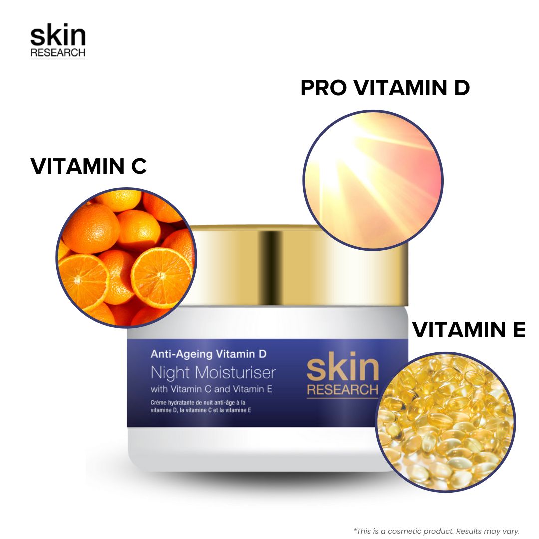 Cremebehälter mit goldenem Deckel. Aufschrift: Anti-Aging Vitamin D Night Moisturiser, Vitamin C und E. Marke: skin research. Abbildungen von Vitaminen.