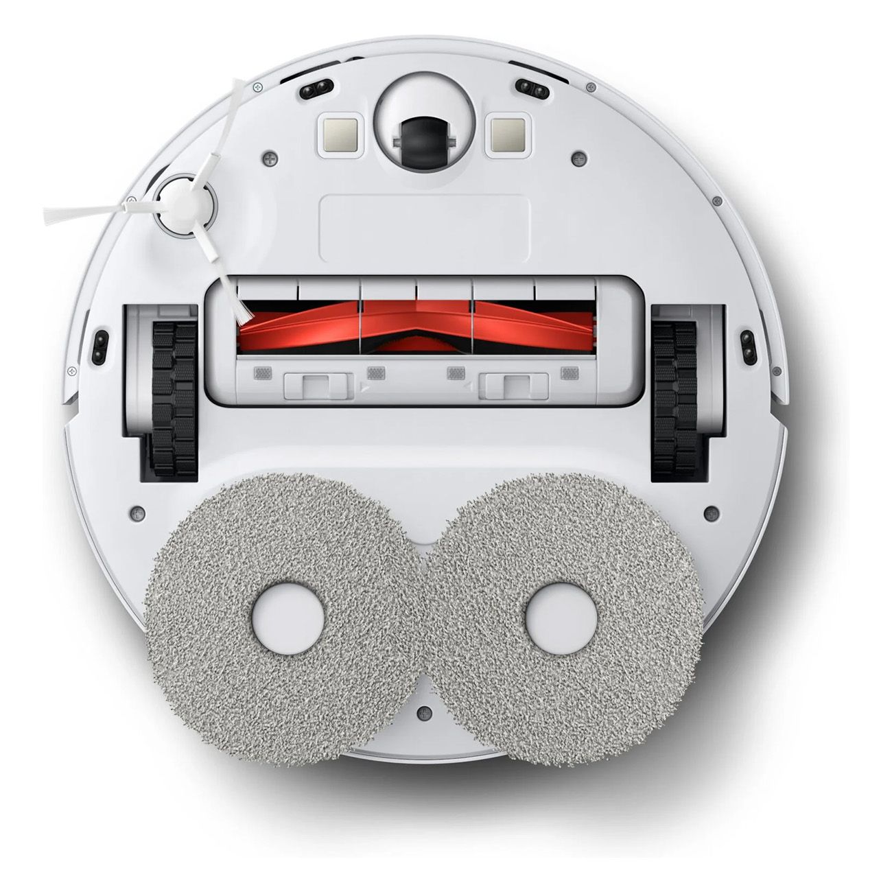 Unterseite eines weißen Roboter-Staubsaugers. Zwei runde Wischtücher, Bürsten, und eine rote Walze.