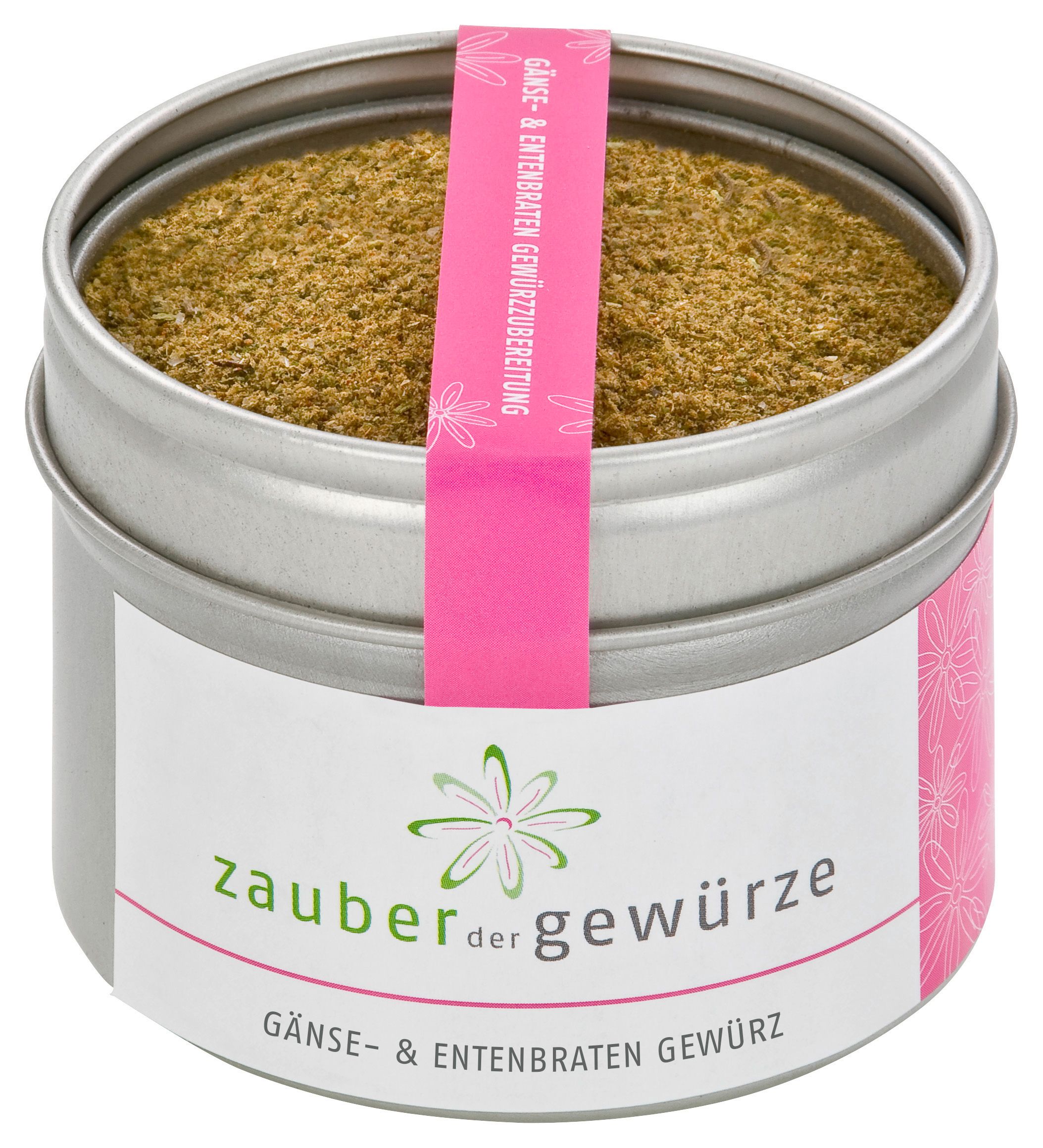 Metallbehälter mit Gewürzmischung. Rosa Etikett mit Produktnamen und Logo. Deckel mit rosa Band.
