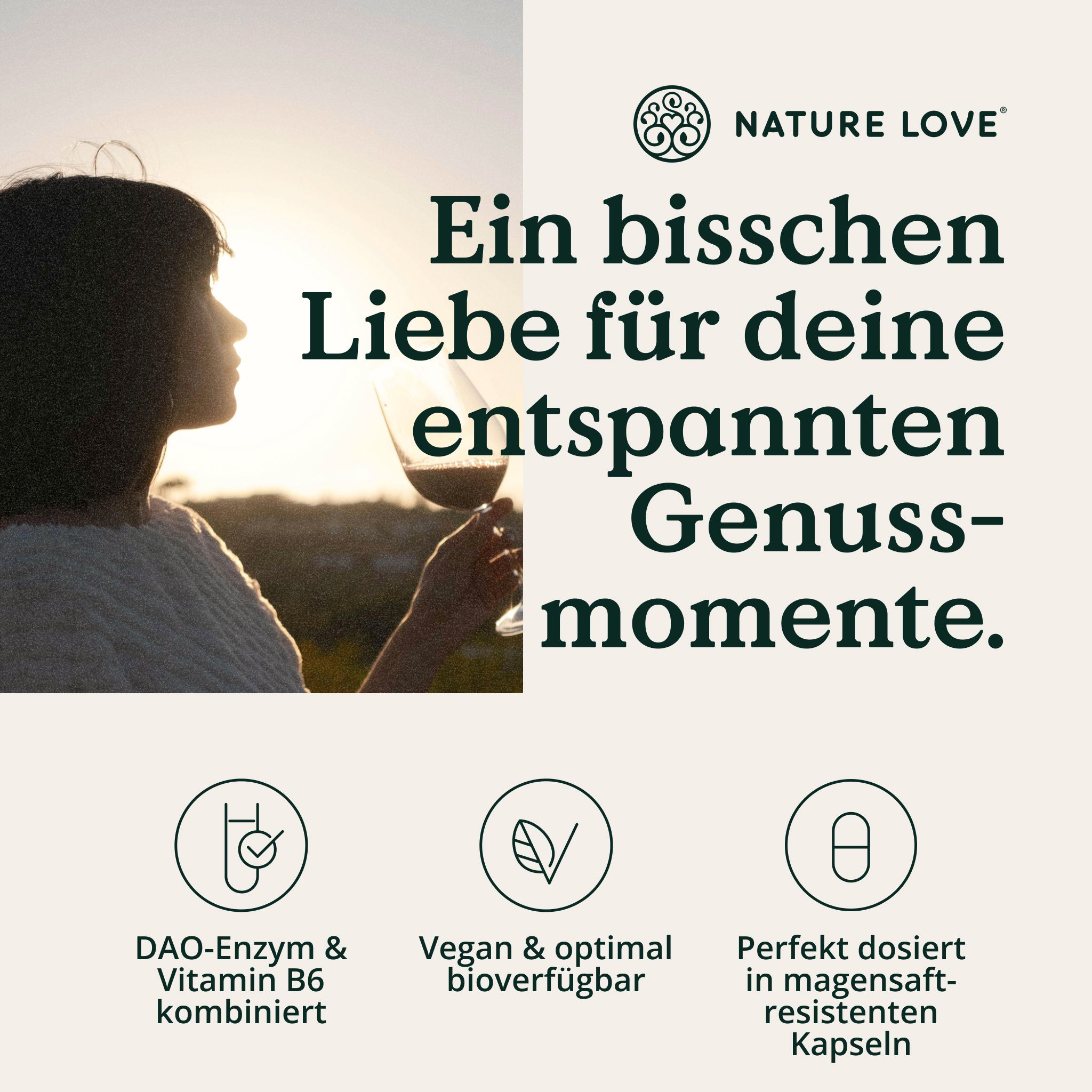 Silhouette einer Frau mit Weinglas. Text: DAO-Enzym & Vitamin B6 kombiniert. Vegan & optimal bioverfügbar. Magensaftresistente Kapseln.