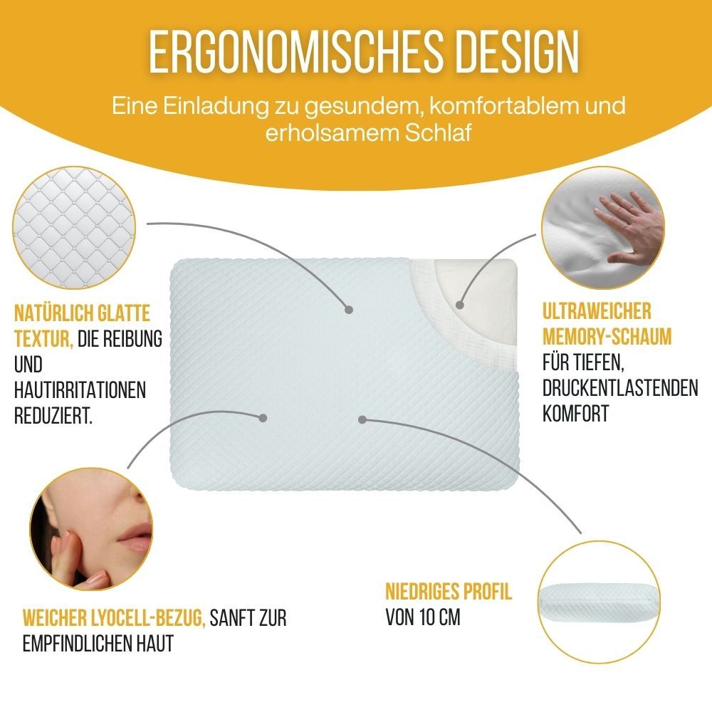 Ergonomisches Kissen mit Text, 10 cm Profil. Textur, Memory-Schaum, Lyocell-Bezug, empfindliche Haut.