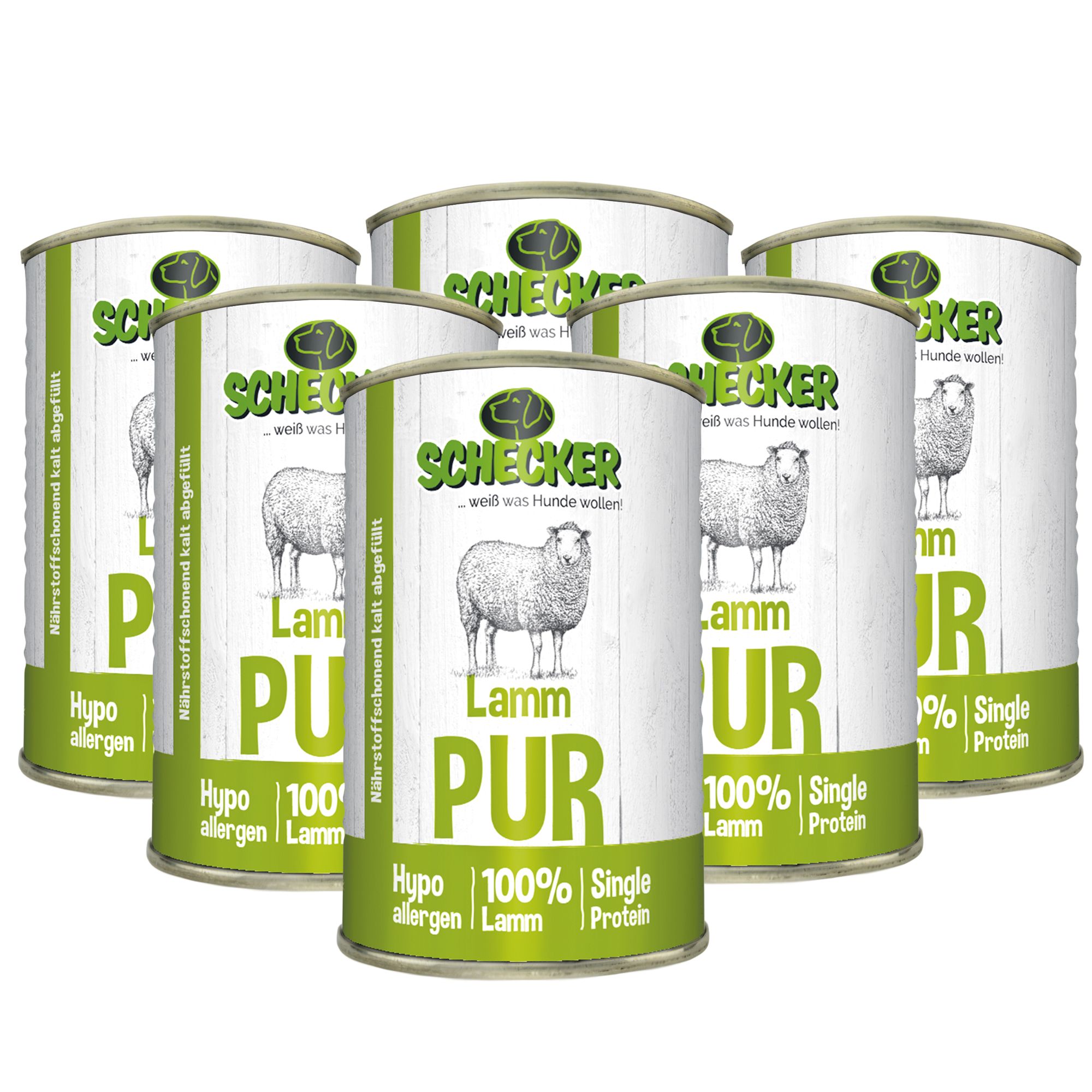 Sechs Dosen Schecker Nassfutter, Lamm pur. Aufschrift: Lamm PUR, 100% Lamm, hypoallergen, Single Protein. Mit Schaf-Illustration.