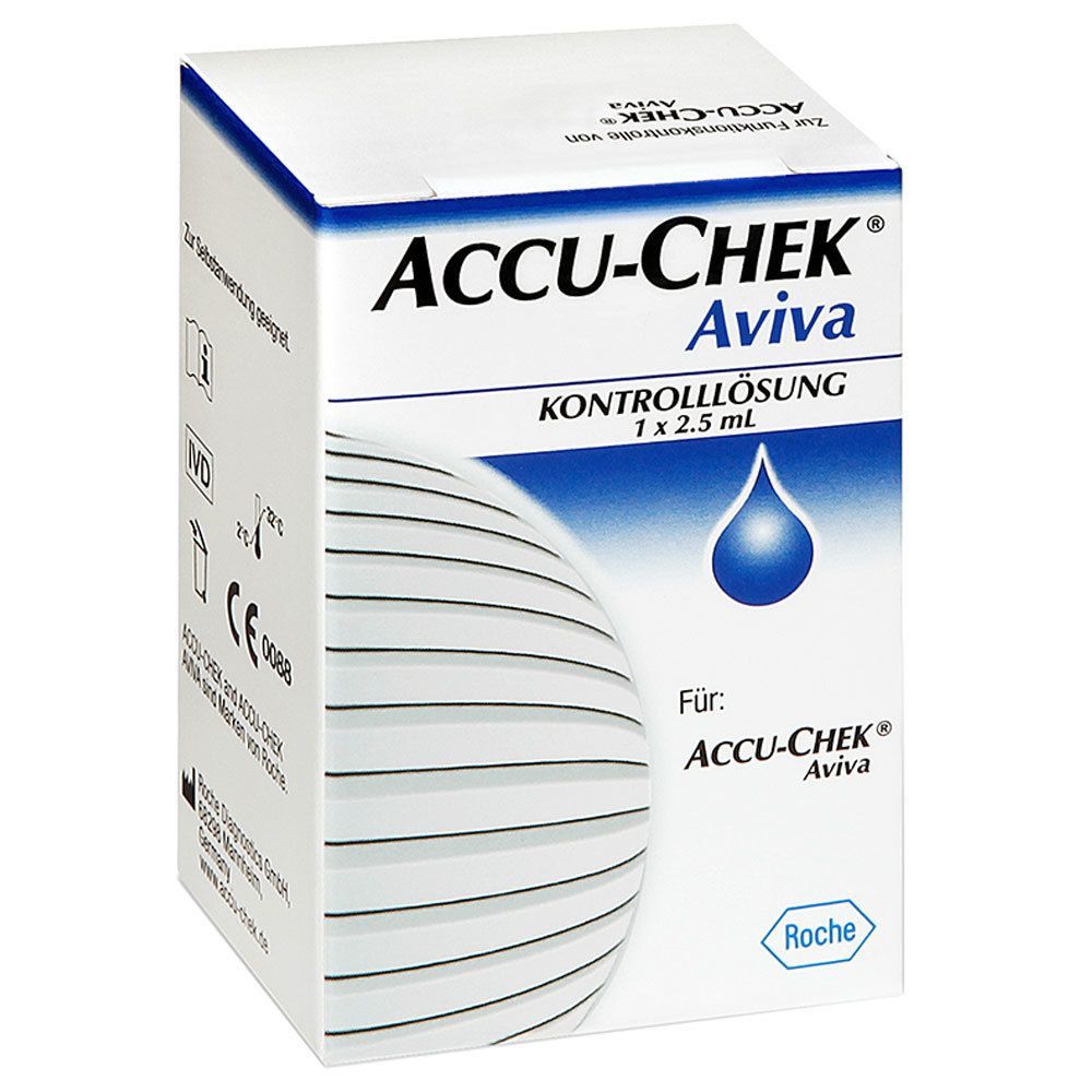 Weiße Verpackung mit ACCU-CHEK Aviva Kontrolllösung. Blaue Tropfendarstellung. Text: 1 x 2.5 ml. Roche Logo.