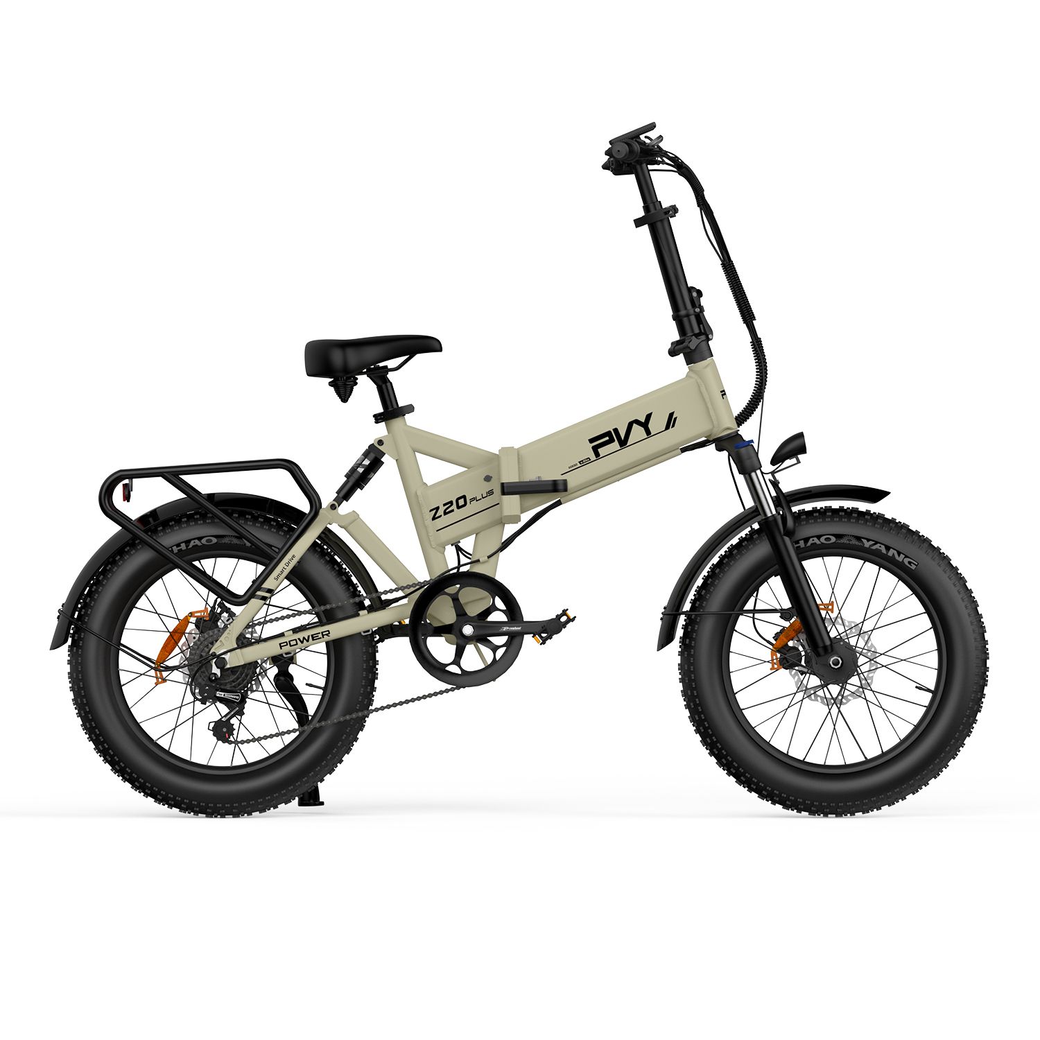 Beige E-Bike mit schwarzen Reifen und Gepäckträger. PVY Z20 Plus ist auf dem Rahmen sichtbar.