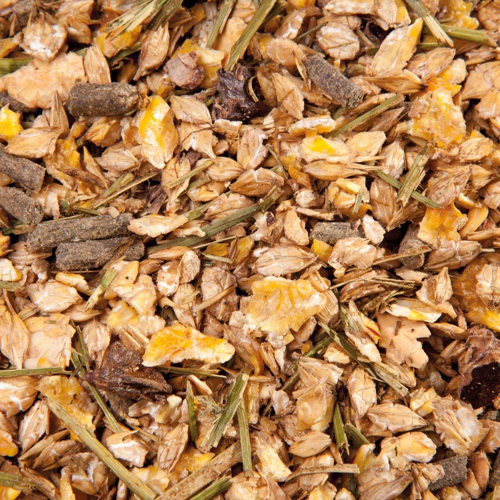 Nahaufnahme von EMH Senior Müsli. Mischung aus Getreideflocken, Kräutern und Pellets. Verschiedene Farben und Texturen.