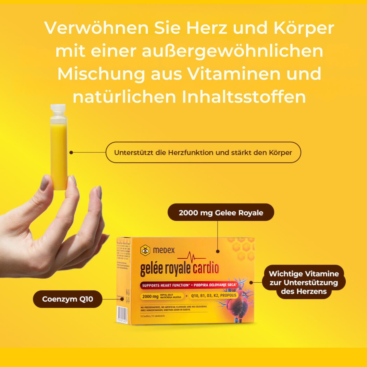 Gelée Royale Cardio Ampulle in Hand. Daneben Kartonverpackung mit Produktinformationen. Gelbe Flüssigkeit.