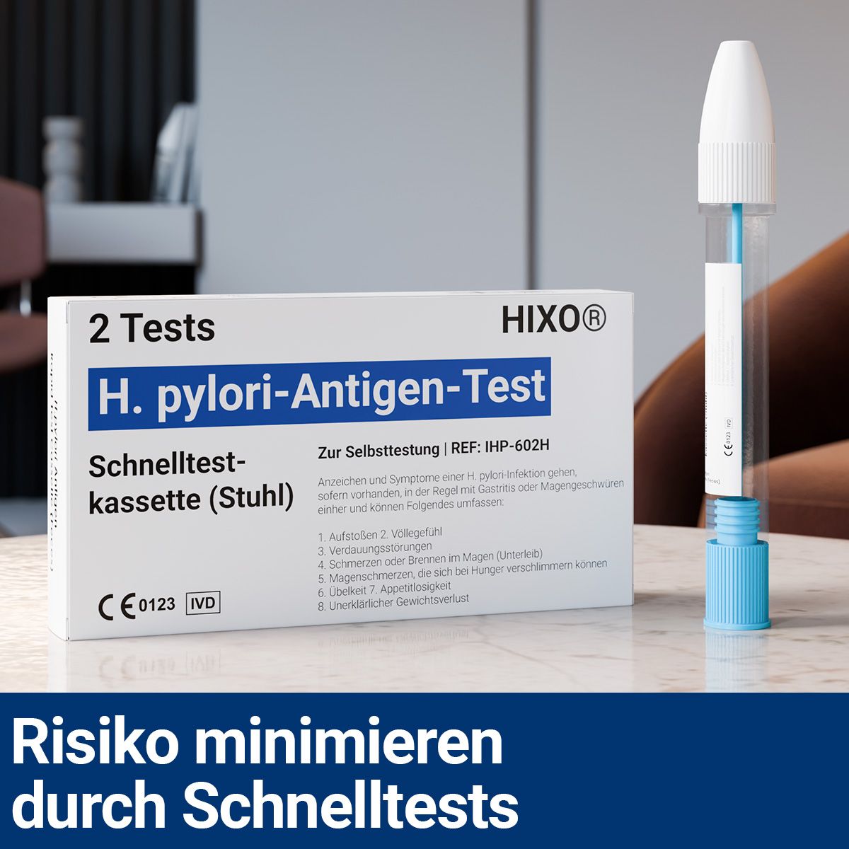 HIXO H. pylori-Antigen-Test. Zwei Testkassetten, zwei Probenröhrchen. Inklusive Stuhlauffänger. Box mit Produkt und Zubehör.