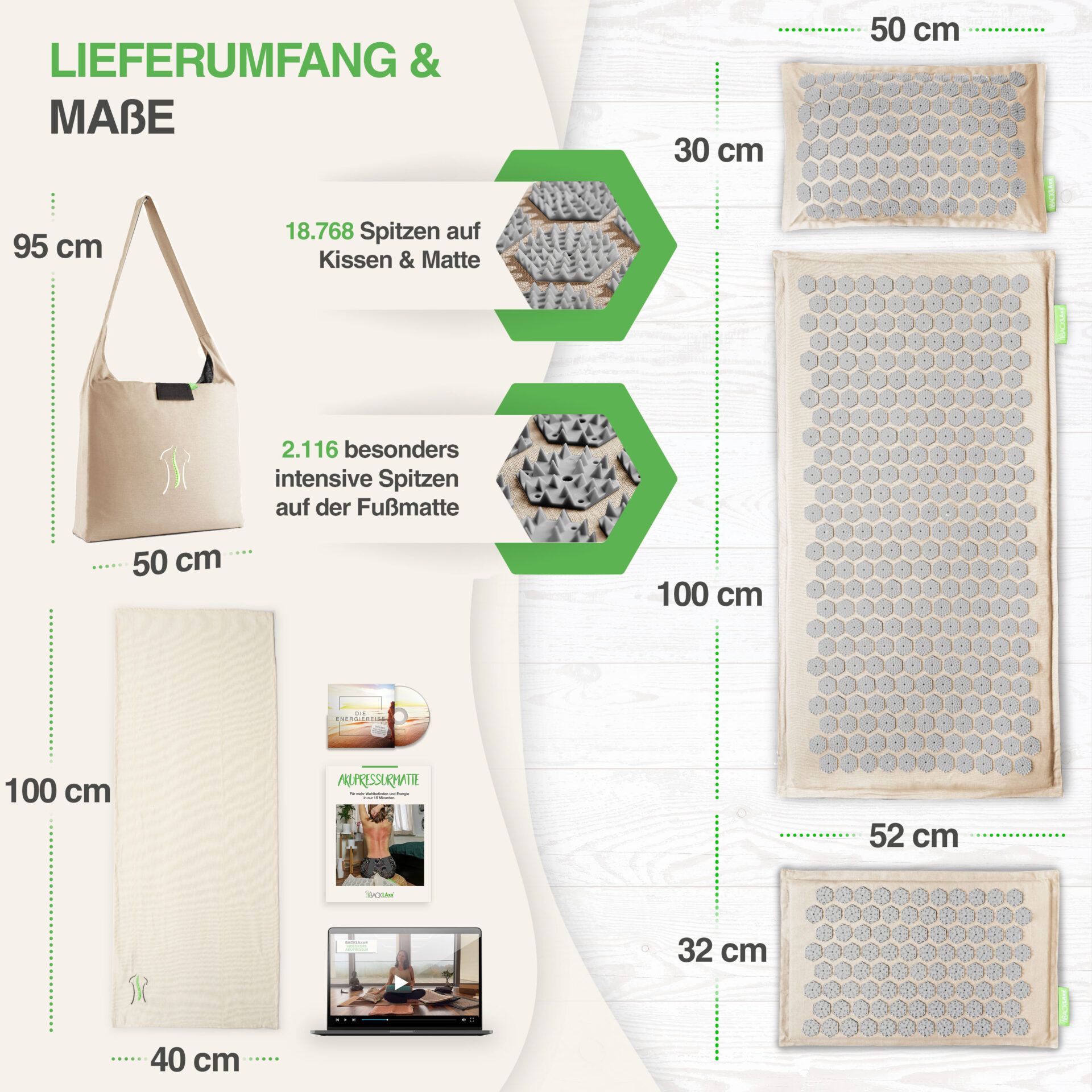 Akupressurmatten-Set mit Tasche. Maße: Matte 100x40cm, Kissen 30x50cm, Fußmatte 52x32cm. Zubehör: DVD, Buch.