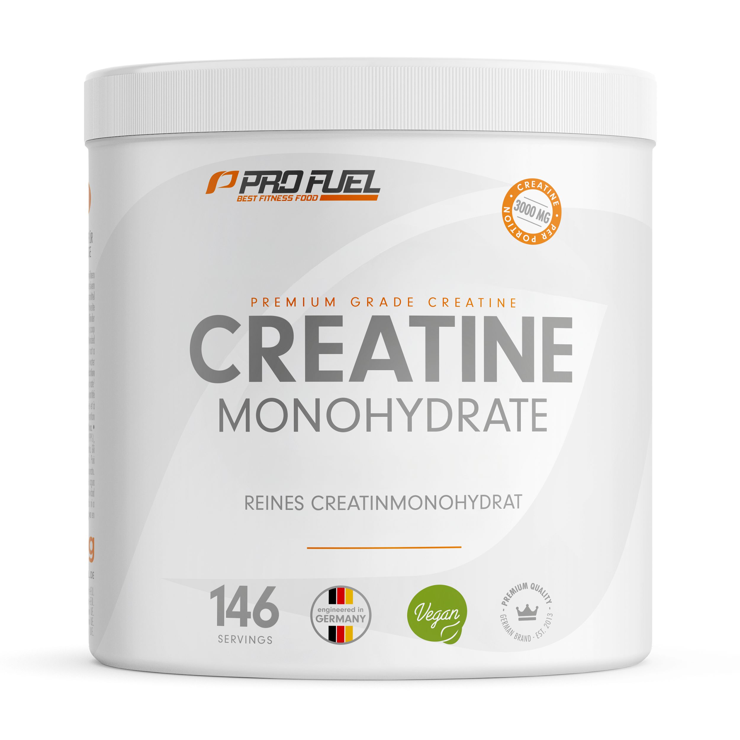 Weißer Behälter CREATINE Monohydrate. 146 Portionen. Text: Premium Grade Creatine. Logo: Vegan, Made in Germany.