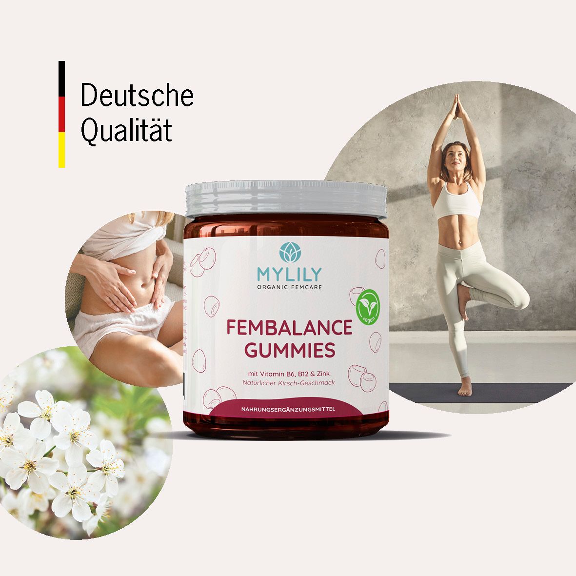 Dose MYLILY Fembalance Gummies, neben Bildern. Text: Deutsche Qualität. Frau macht Yoga. Bilder von Blüten und Bauch.