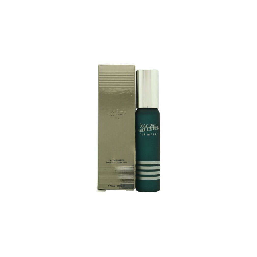 Jean Paul Gaultier Le Male Eau de Toilette Flakon und Verpackung. Flakon grün, silberne Streifen, silberner Deckel. Verpackung goldfarben.