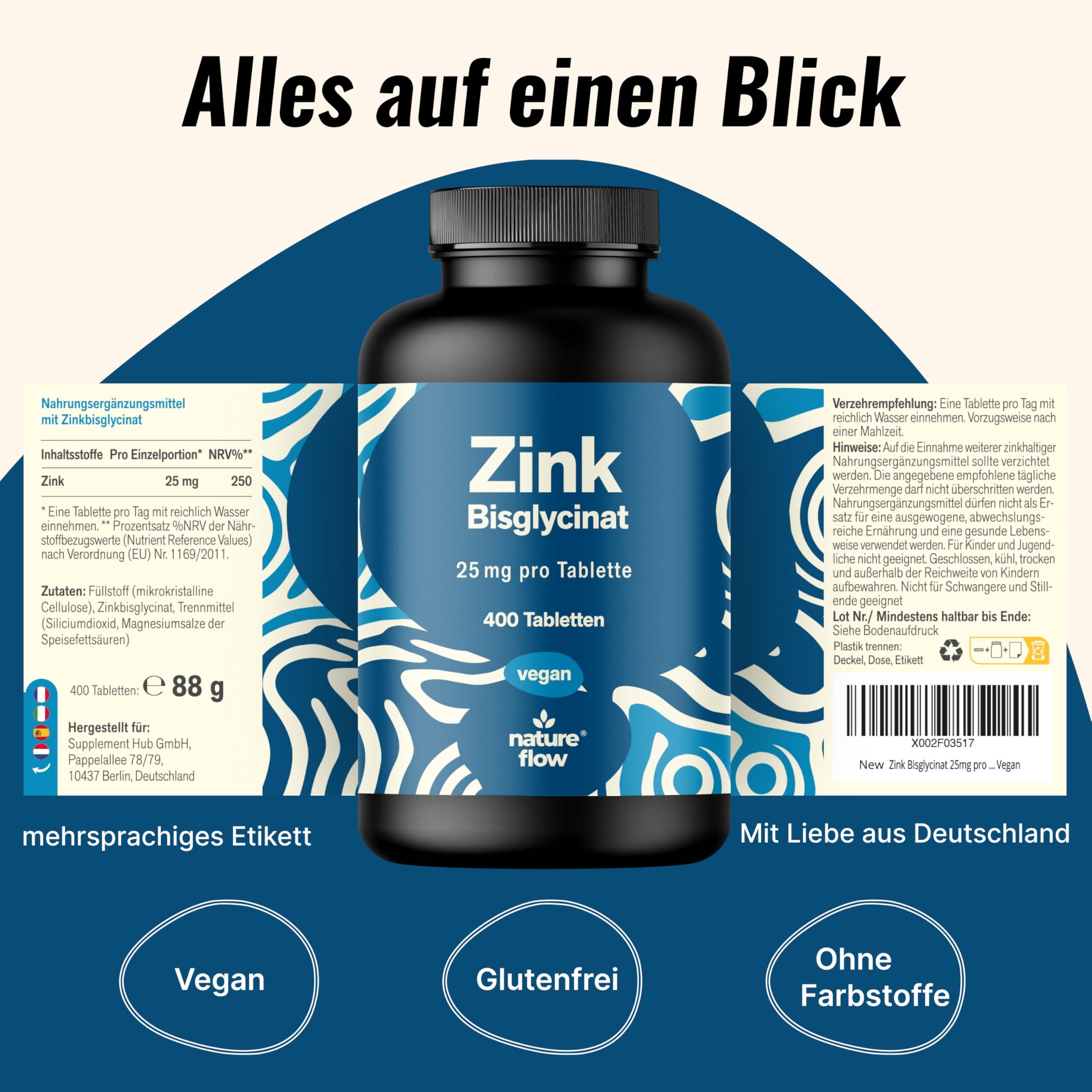 Dose Zink Bisglycinat, 400 Tabletten. Mehrsprachiges Etikett, vegan, glutenfrei, ohne Farbstoffe.