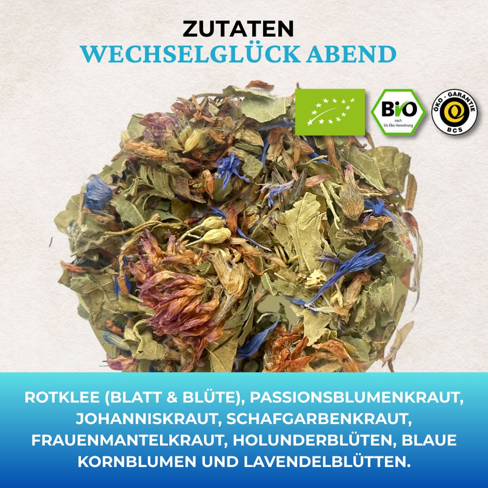 Haufen loser Kräuter. Text: Zutaten, Wechselglück Abend, Rotklee, Passionsblumenkraut, Johanniskraut, u.a. Bio-Siegel.