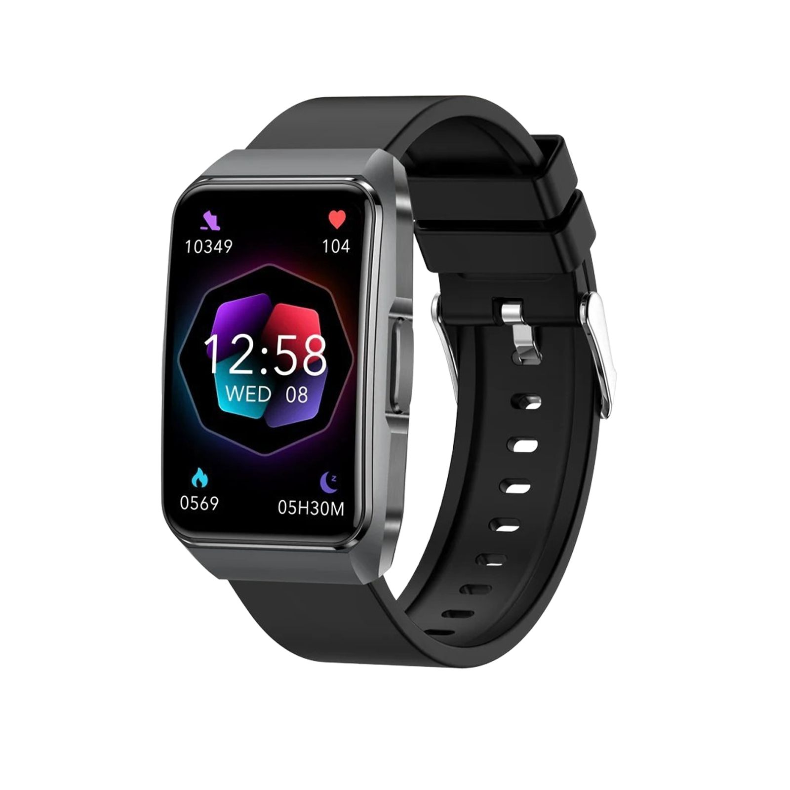 Schwarze Smartwatch mit rechteckigem Display. Zeigt Uhrzeit, Datum und Symbole. Schwarzes Armband mit silberner Schnalle.