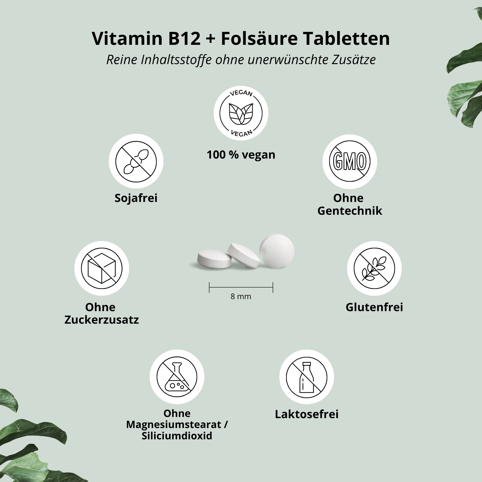 Drei weiße Tabletten. Durchmesser ca. 8 mm. Logos: vegan, ohne Zuckerzusatz, ohne Gentechnik, glutenfrei, laktosefrei.