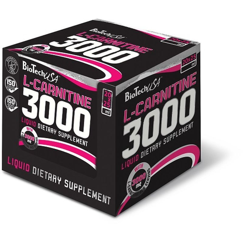 Schwarze Verpackung mit pinkfarbenen Akzenten. Aufschrift: L-Carnitine 3000, Liquid Dietary Supplement. ISO-Zertifizierungen.