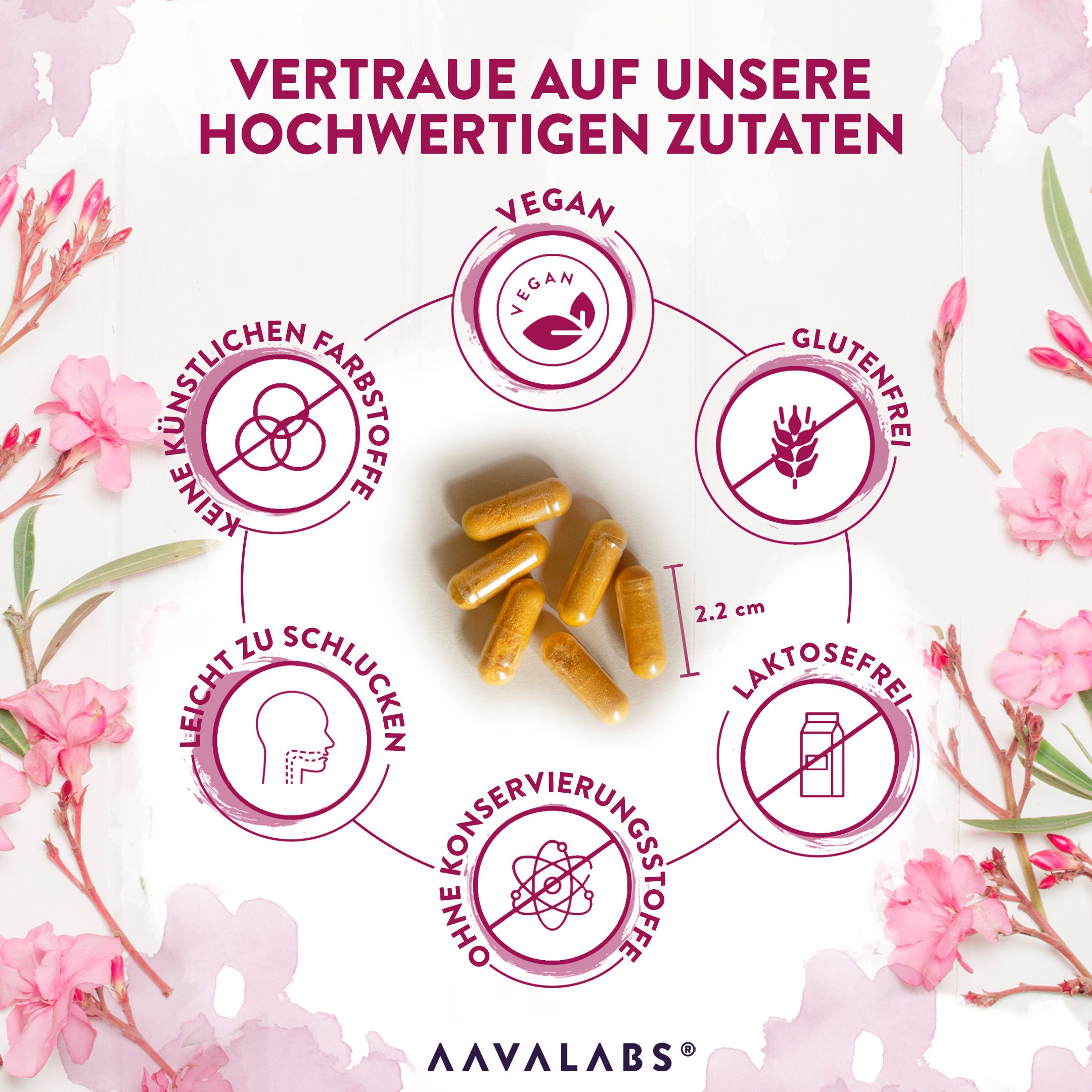 Kapseln. AAVALABS. 2,2 cm lang. Ohne künstliche Farbstoffe, Gluten, Laktose, Konservierungsstoffe.