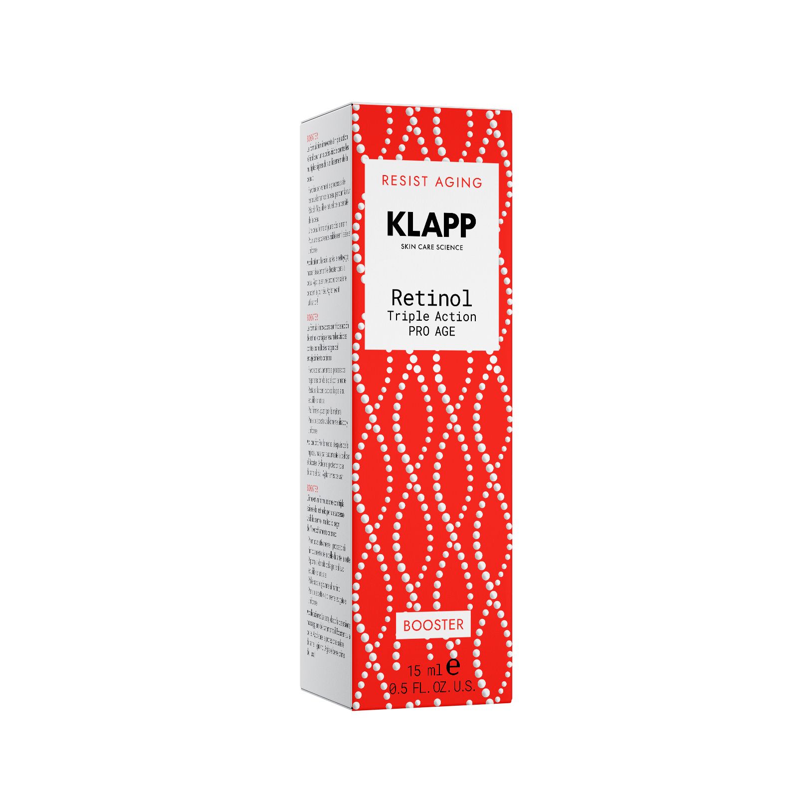 Verpackung von Klapp Resist Aging Retinol Triple Action PRO AGE Booster. Rote und weiße Wellenmuster. Text: Resist Aging, Klapp, Retinol, Booster.