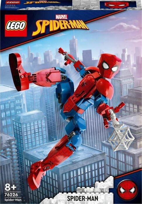 Action figure LEGO Marvel Spider-Man. La figura, rossa e blu, è snodabile e include un accessorio ragnatela. La confezione mostra Spider-Man davanti a uno sfondo urbano. Adatto a bambini dagli 8 anni in su.