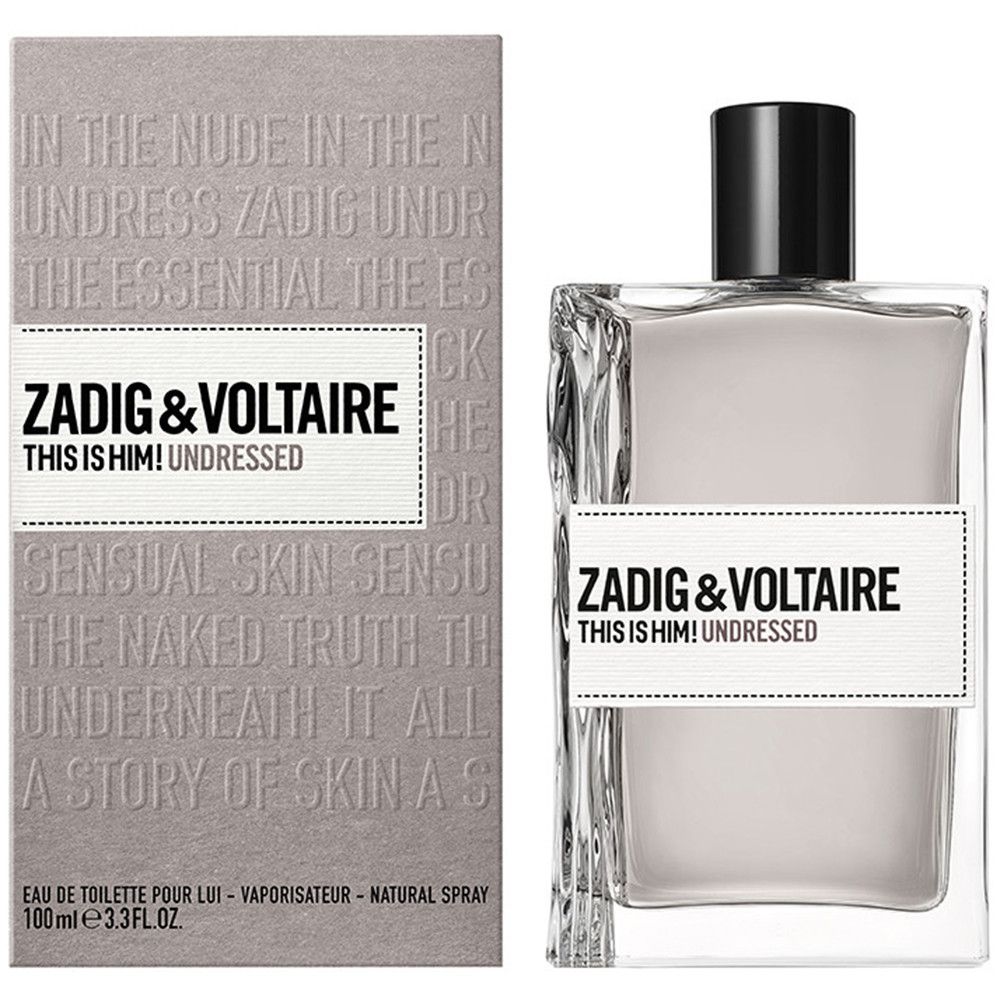 Flakon und Verpackung von Zadig & Voltaire This Is Him! Undressed. Rechteckiger Flakon mit schwarzem Deckel. Verpackung mit Text.