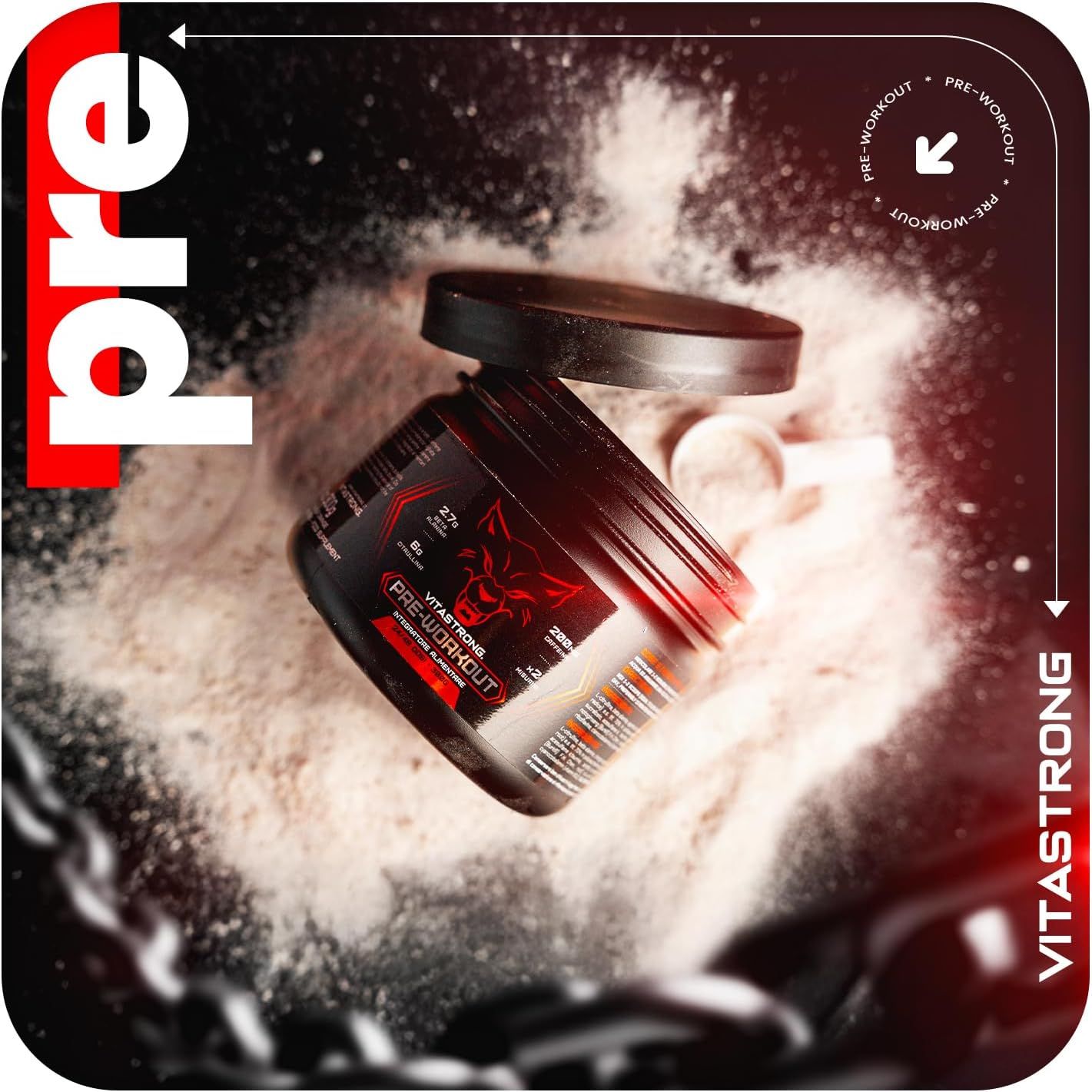 Schwarze Dose Pre-Workout, rotes Etikett. Dose liegt in Pulver. Enthält 2,7g Beta Alanin, 6g Citrullin, 200mg Koffein.