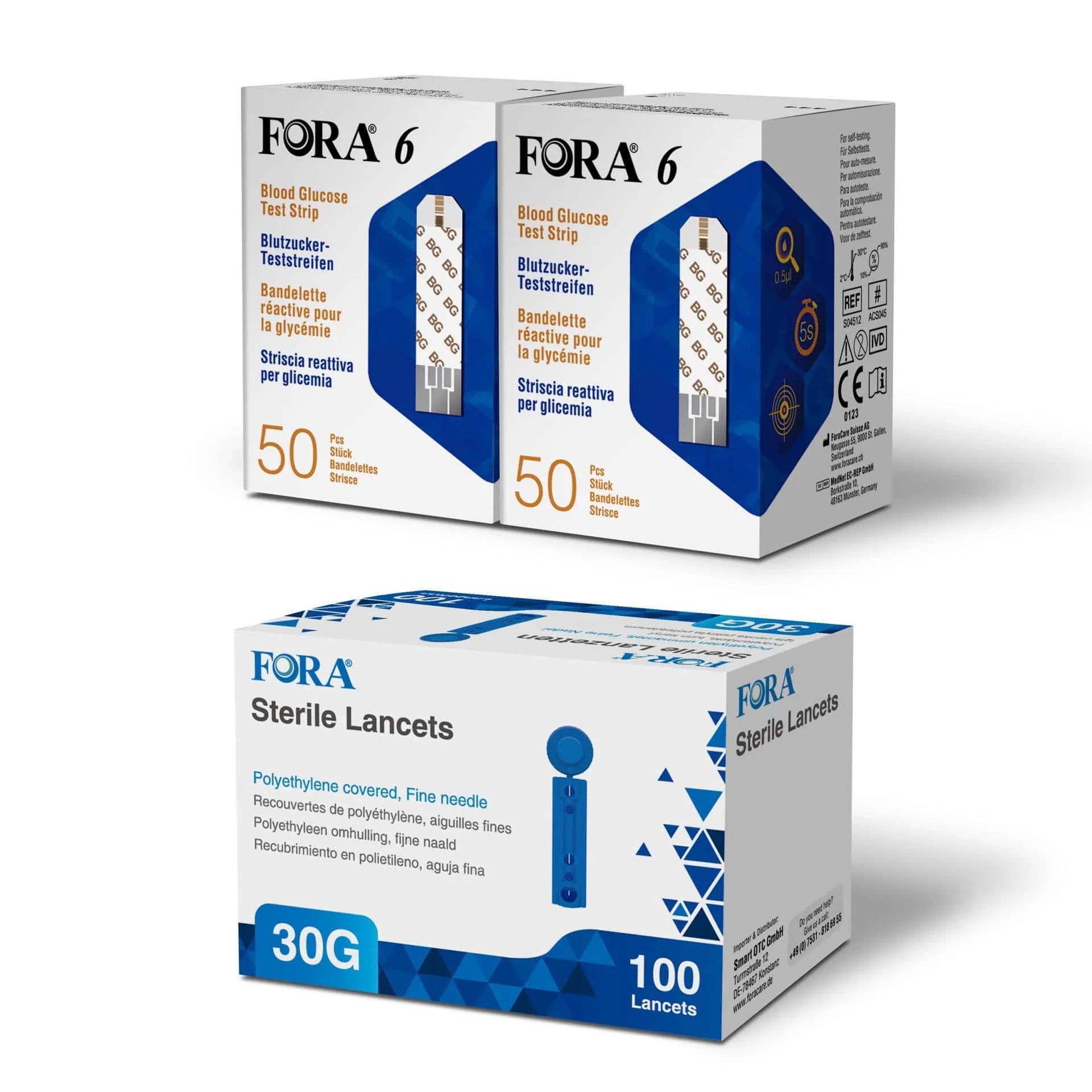 FORA 6 Teststreifen (50 Stk.) und FORA Sterile Lancets (100 Stk.).