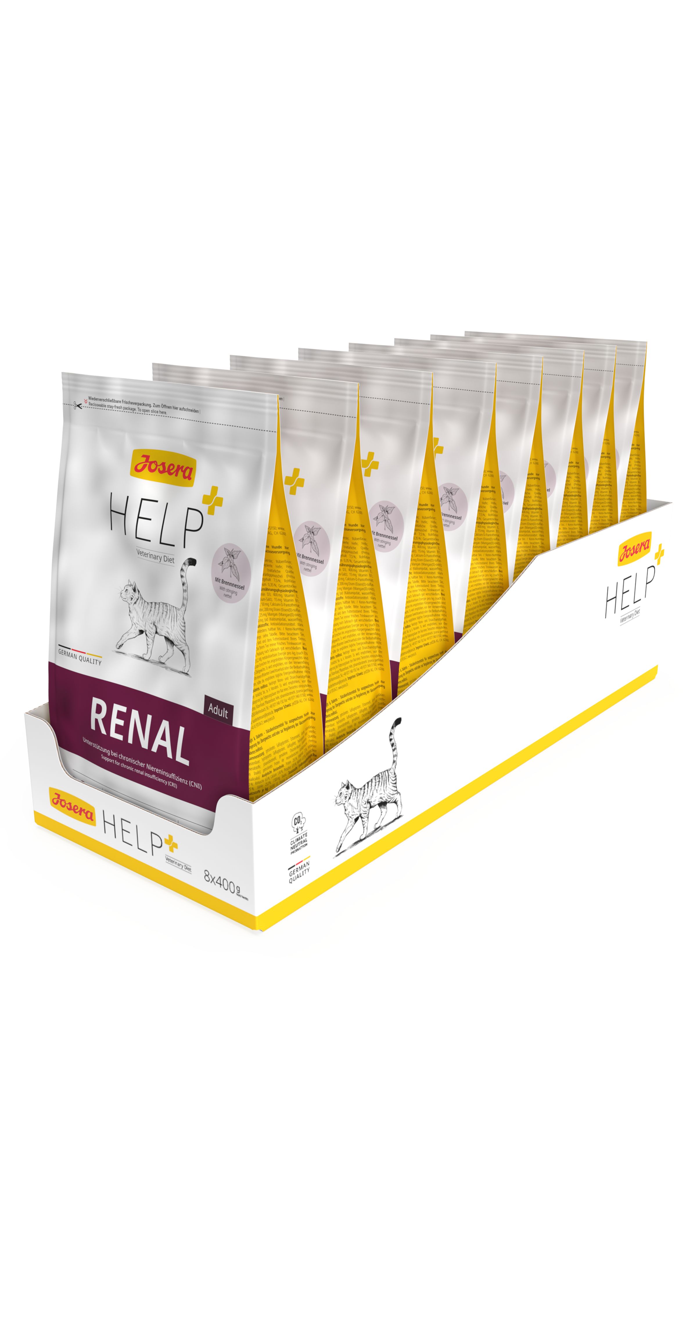 Packung mit 8 Beuteln Josera Help Renal Katzenfutter, jeweils 400g.