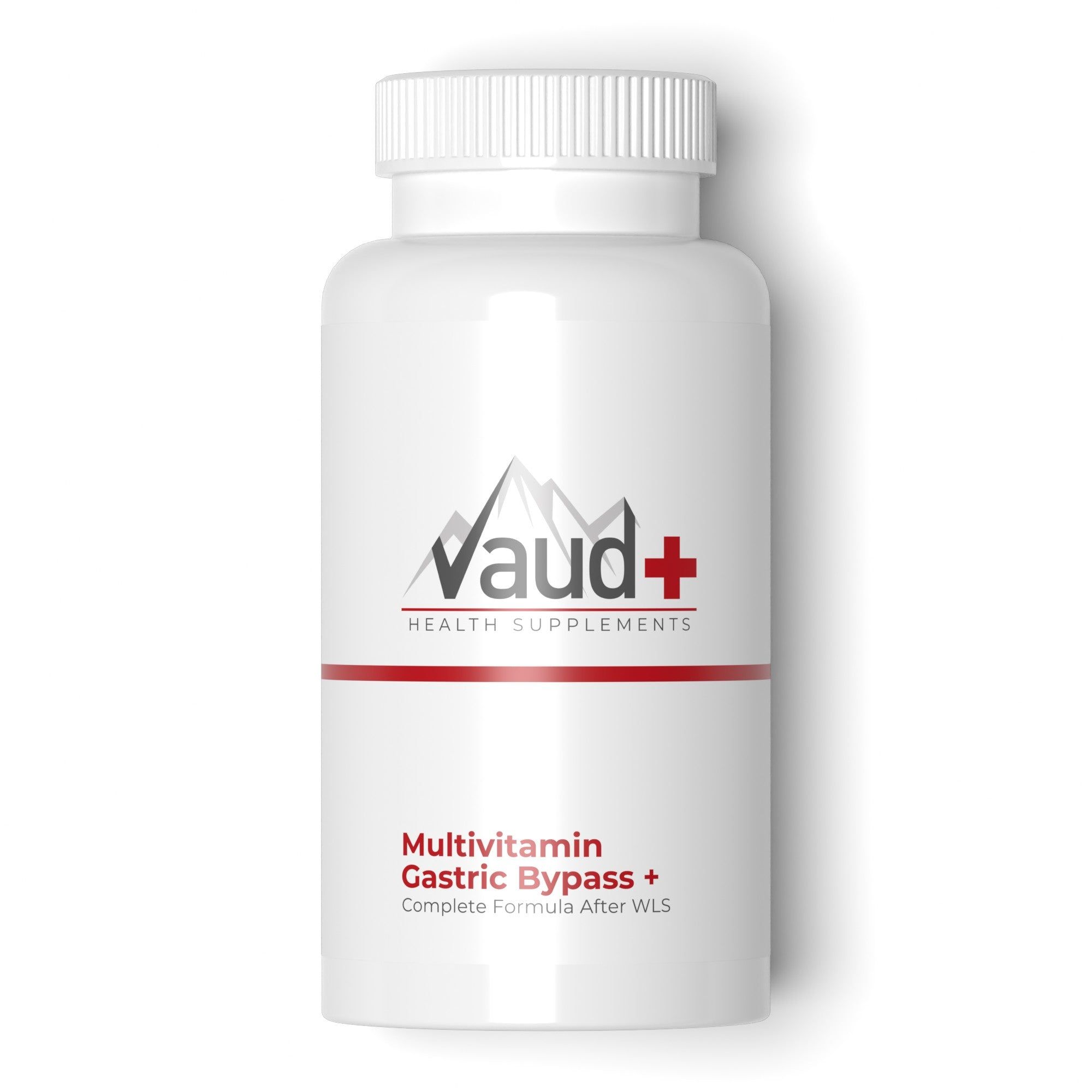 Weiße Flasche mit Schraubverschluss. Aufschrift: Vaud+ HEALTH SUPPLEMENTS. Multivitamin Gastric Bypass +.