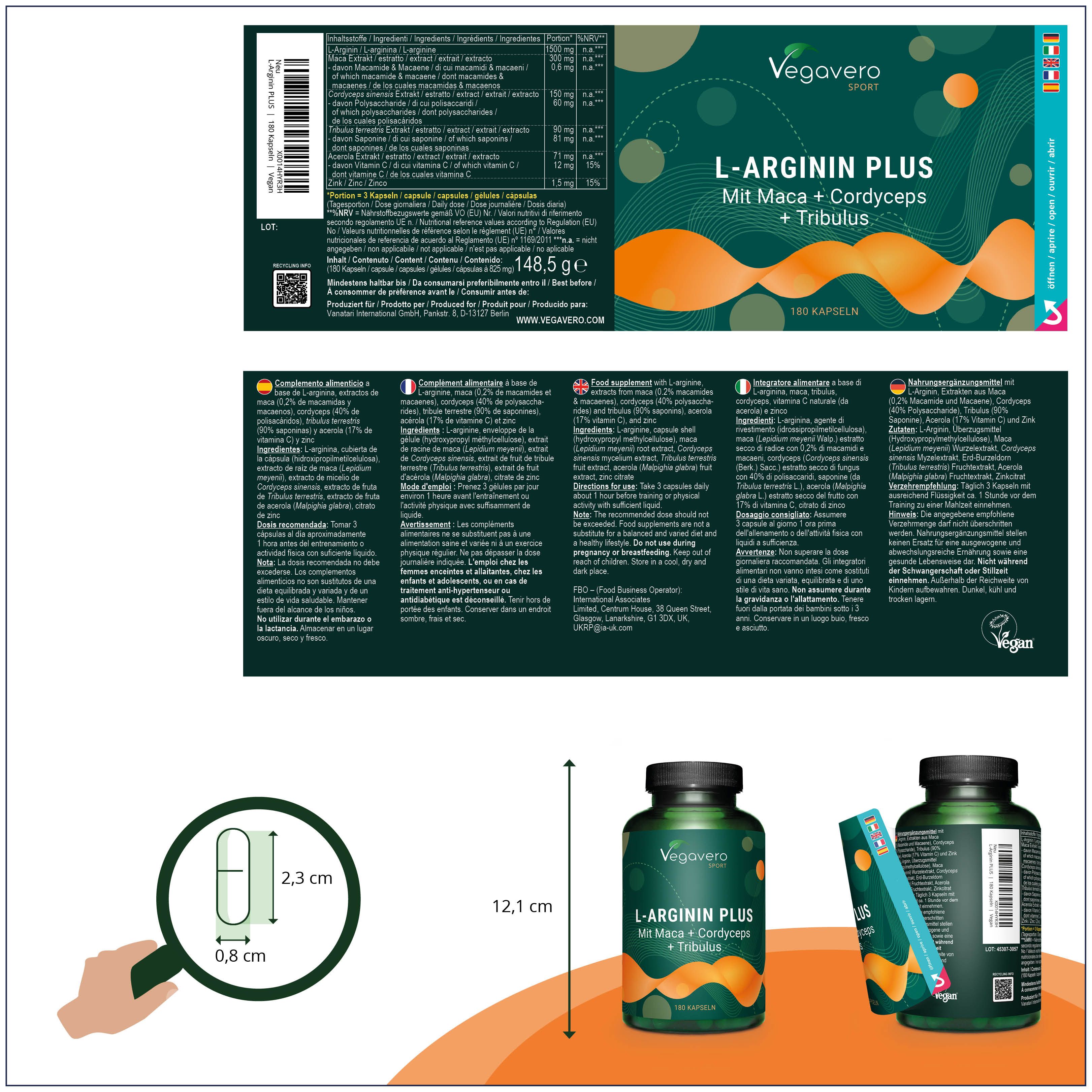Produktverpackung von VEGAVERO L-Arginin Plus. Enthält Informationen und Nährwertangaben. Mit Maßangaben.