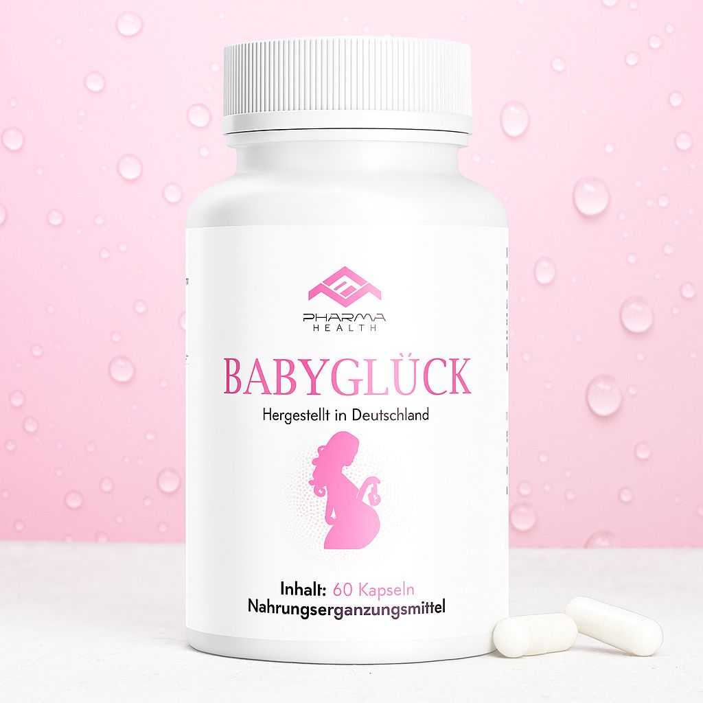 Weiße Flasche mit Kapseln. Aufschrift: BABYGLÜCK, Pharma Health Logo, 60 Kapseln. Hergestellt in Deutschland. Hintergrund: rosa mit Wassertropfen.