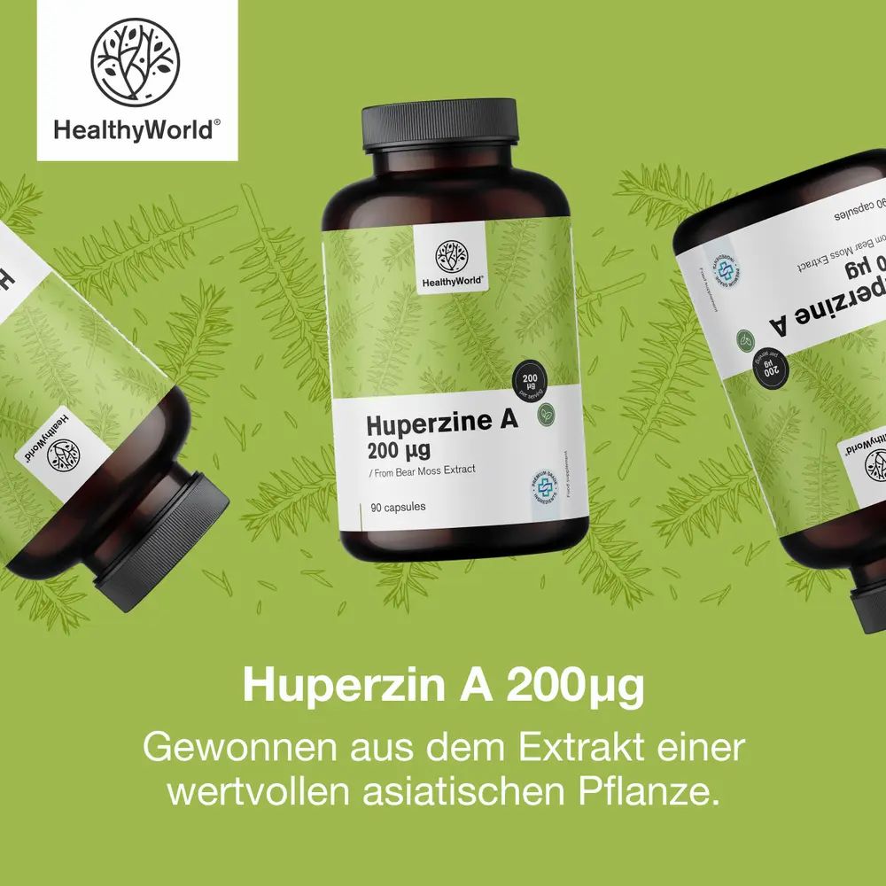 Huperzin A 200 µg. Braune Flaschen mit Kapseln. Grüner Hintergrund. Logo HealthyWorld.