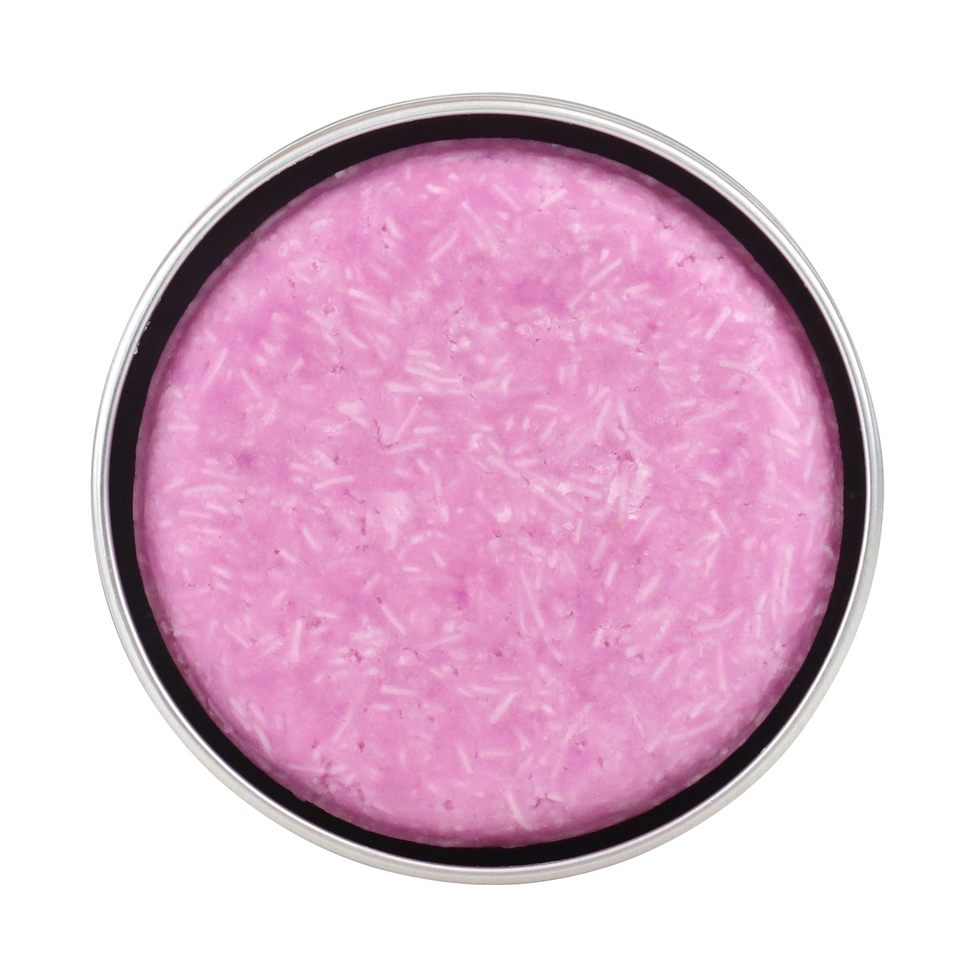 Draufsicht auf rundes, rosa Festes Shampoo in schwarzer Dose. Keine weitere Beschriftung sichtbar.