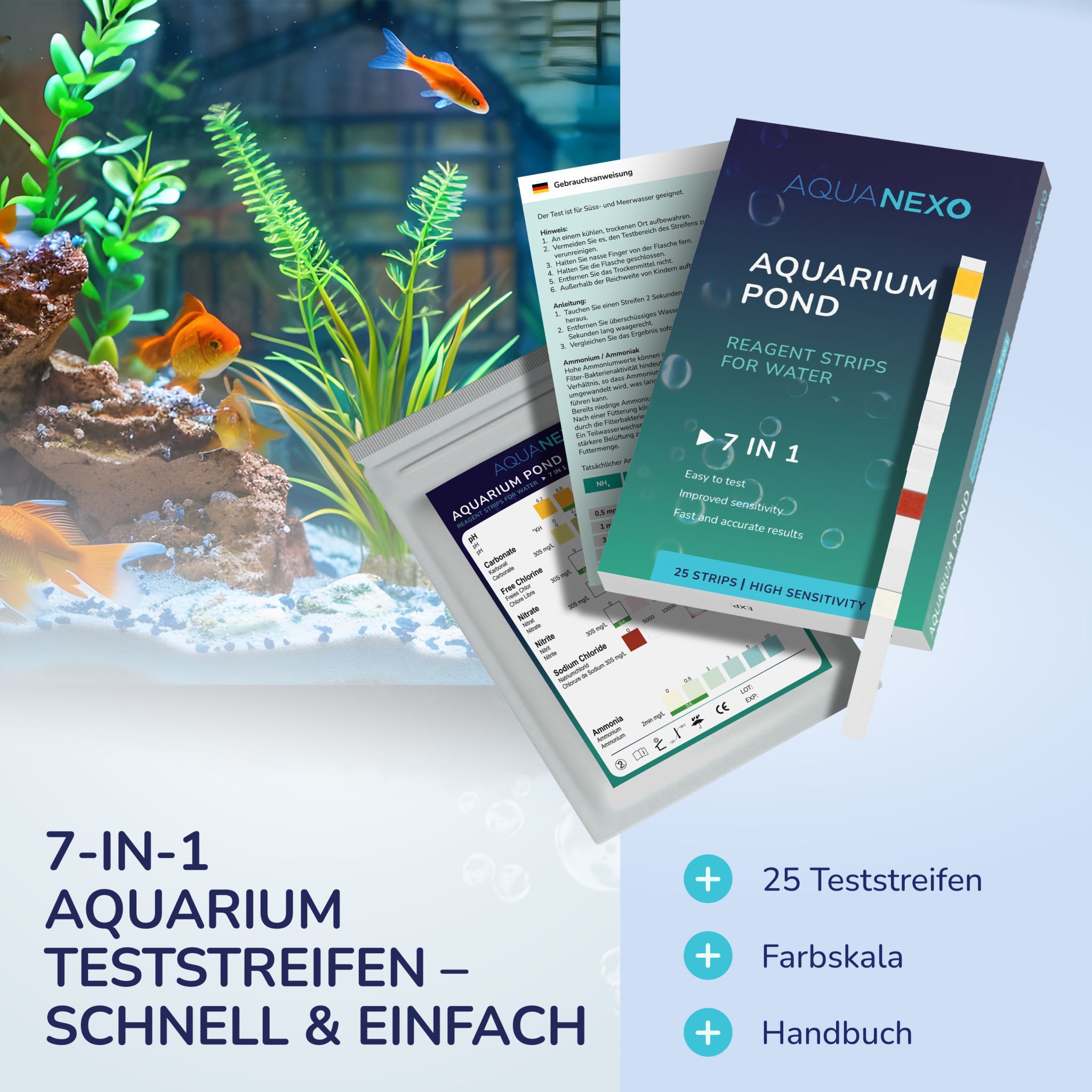 Produktabbildung mit Aquarium, Fischen, Teststreifen, Packung und Handbuch. Text: 7-IN-1 AQUARIUM TESTSTREIFEN - SCHNELL & EINFACH.