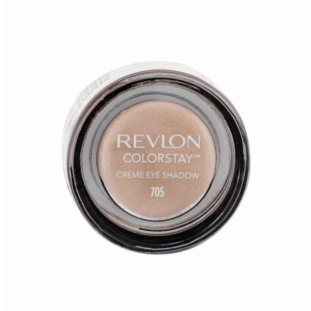 Draufsicht auf Creme-Lidschatten in Dose. Aufschrift: Revlon Colorstay Creme Eye Shadow 705. Beige Farbton.