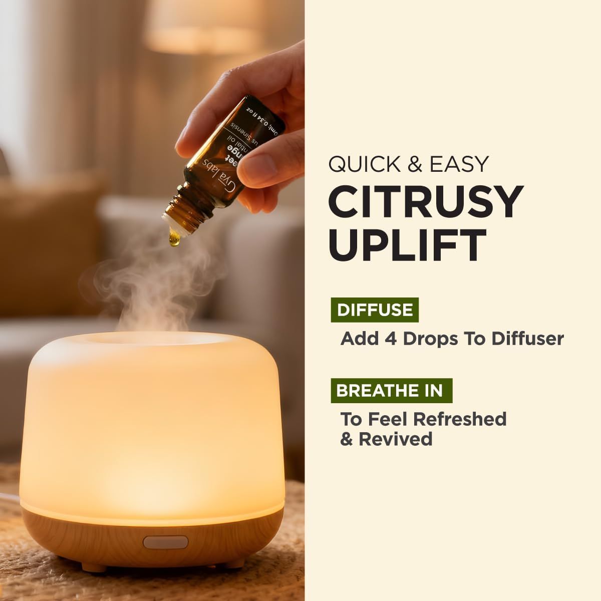 Hand tropft Öl in einen Diffusor. Text: Schnell & einfach. Zitrus-Erhebung. Anweisungen: 4 Tropfen in den Diffusor geben, einatmen.