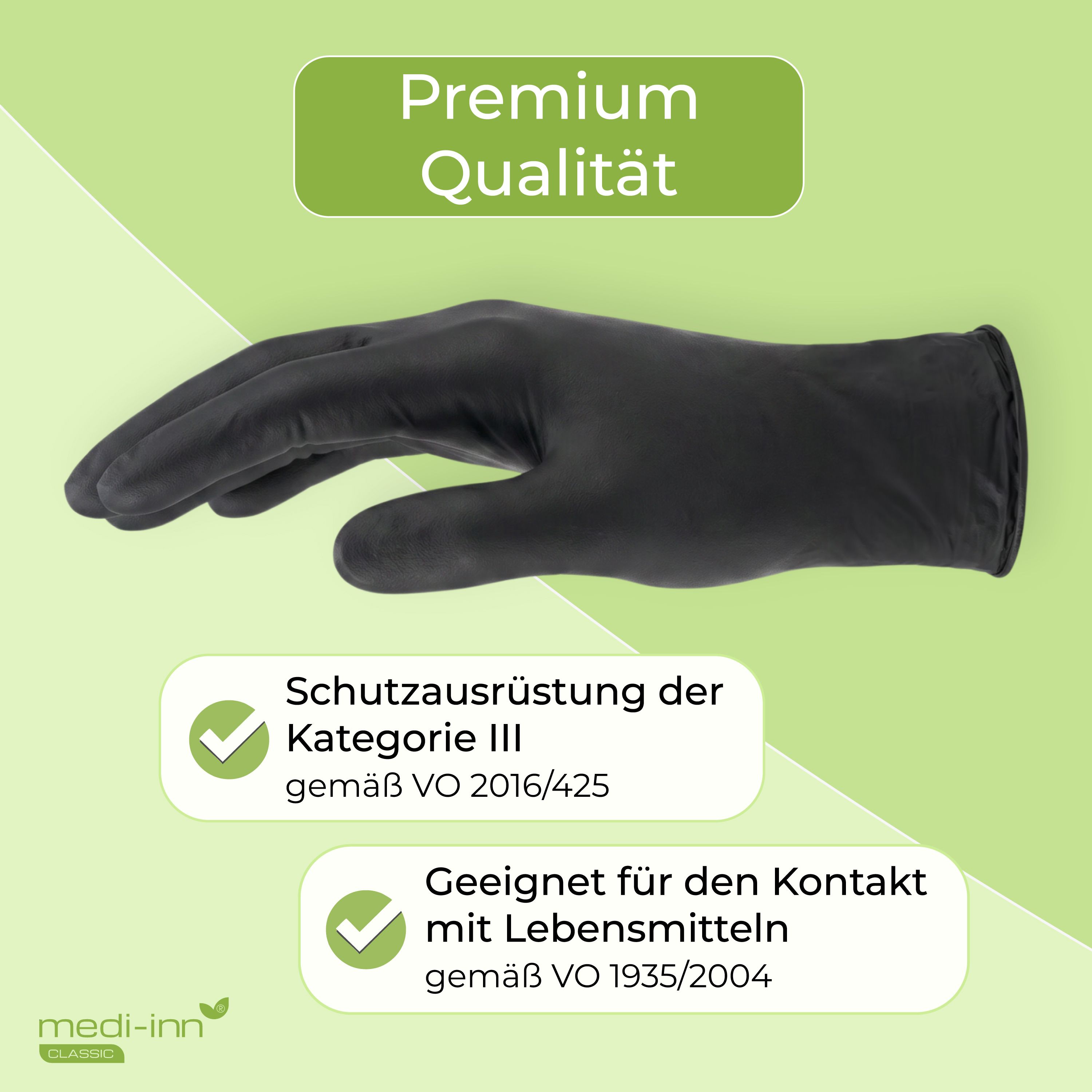 Schwarzer Nitril-Einmalhandschuh, Schutzklasse III, für Lebensmittelkontakt geeignet.