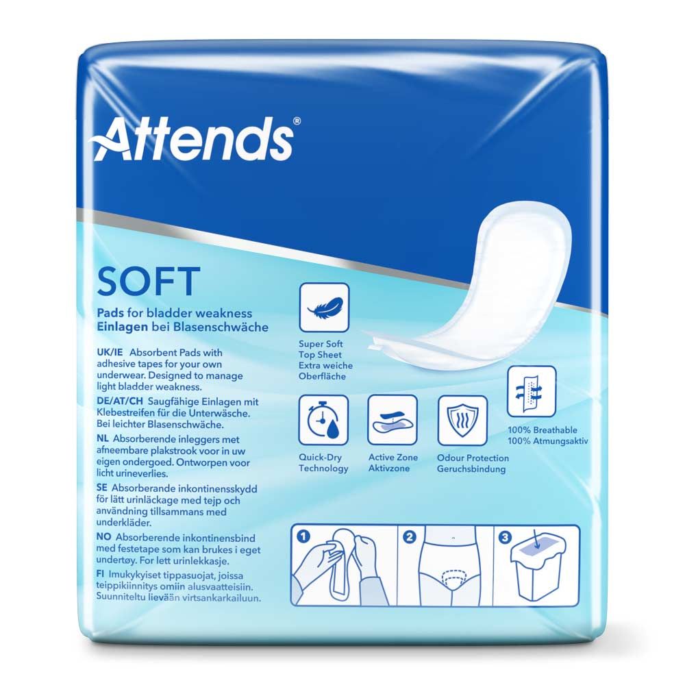 Rückseite der Attends Soft 2 Normal Einlagen Verpackung. Produktmerkmale, Piktogramme und Text in verschiedenen Sprachen.