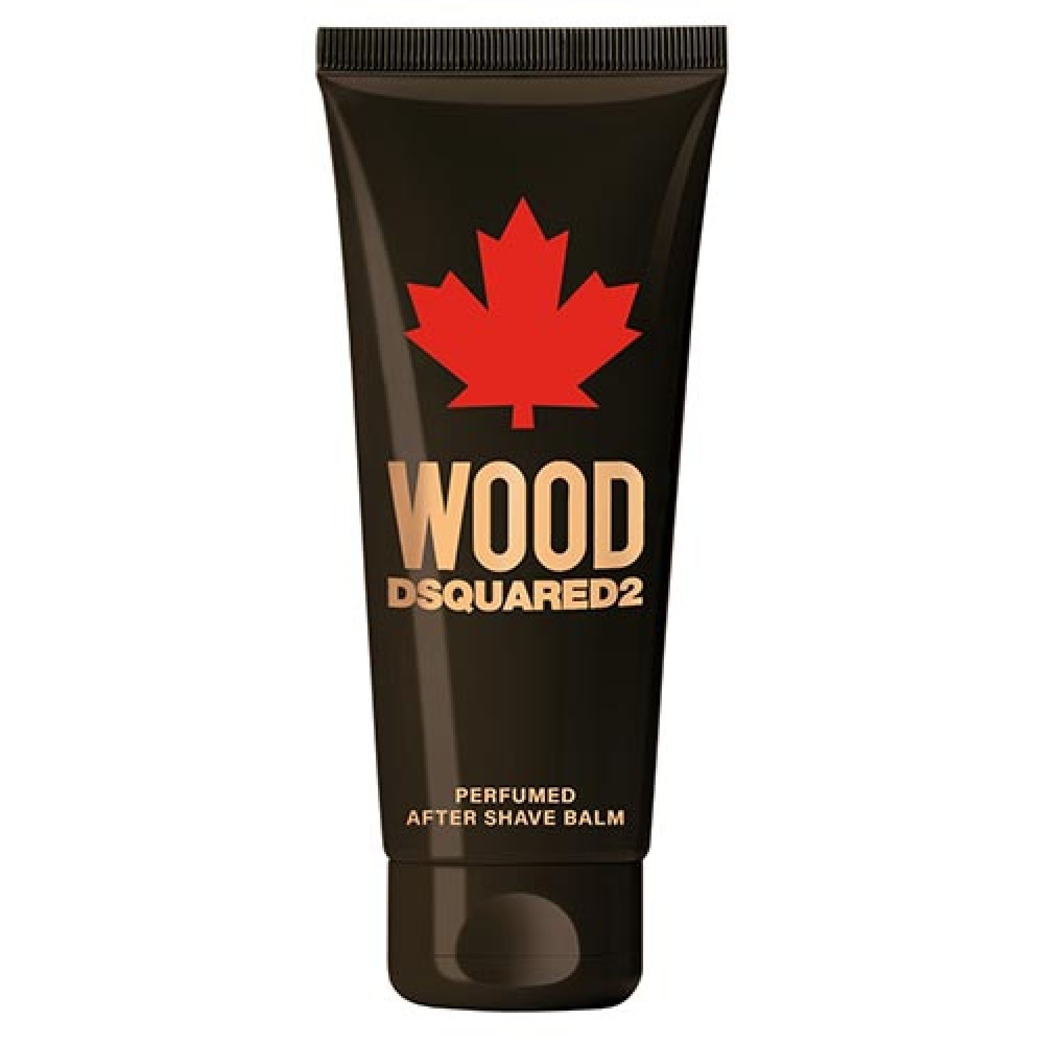Schwarze Tube mit rotem Ahornblatt und goldfarbenem Schriftzug WOOD DSQUARED2. Aufschrift: PERFUMED AFTER SHAVE BALM.