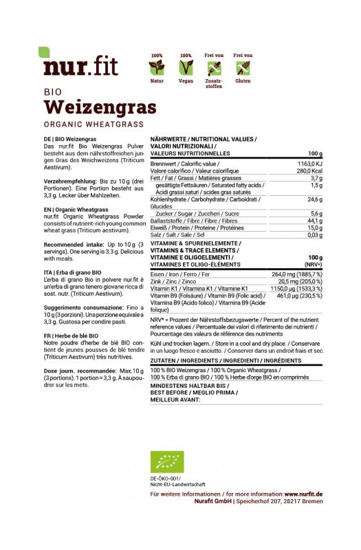 Rückseite einer Tüte mit Nährwertangaben und Inhaltsstoffen. Aufschrift: nur.fit BIO Weizengras Pulver. Text in Deutsch und Italienisch.