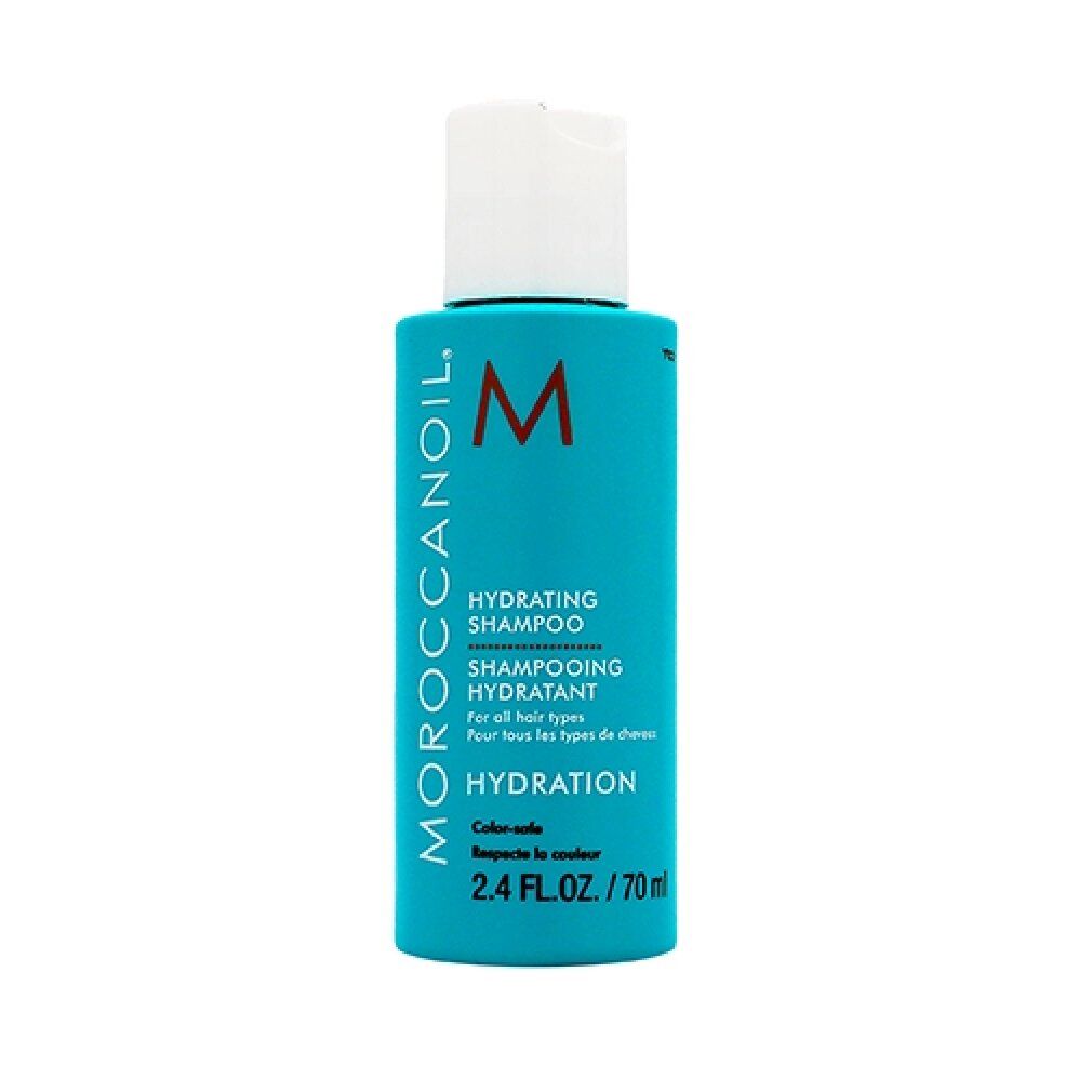 Türkisgrüne Flasche mit weißem Deckel. Aufschrift: Moroccanoil, Hydrating Shampoo, Hydration. 70 ml.
