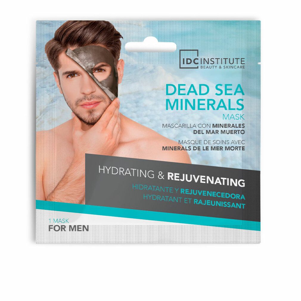 Gesichtsmaske-Verpackung. Mann mit Maske. Text: Dead Sea Minerals, Hydrating & Rejuvenating, For Men. Marke: IDC Institute.