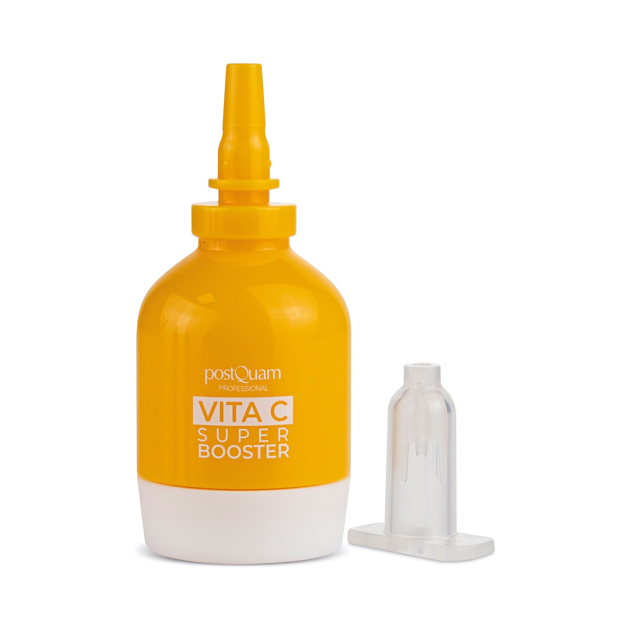 Gelbe Flasche mit weißem Boden. Aufschrift: Postquam Vita C Super Booster. Separater, transparenter Applikator.