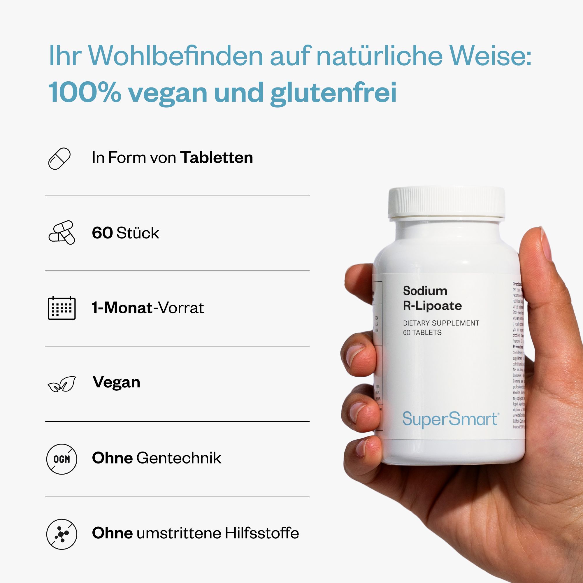 Hand hält eine weiße Flasche mit Sodium R-Lipoate, 60 Tabletten. Marke: SuperSmart. Text auf blauem Hintergrund.