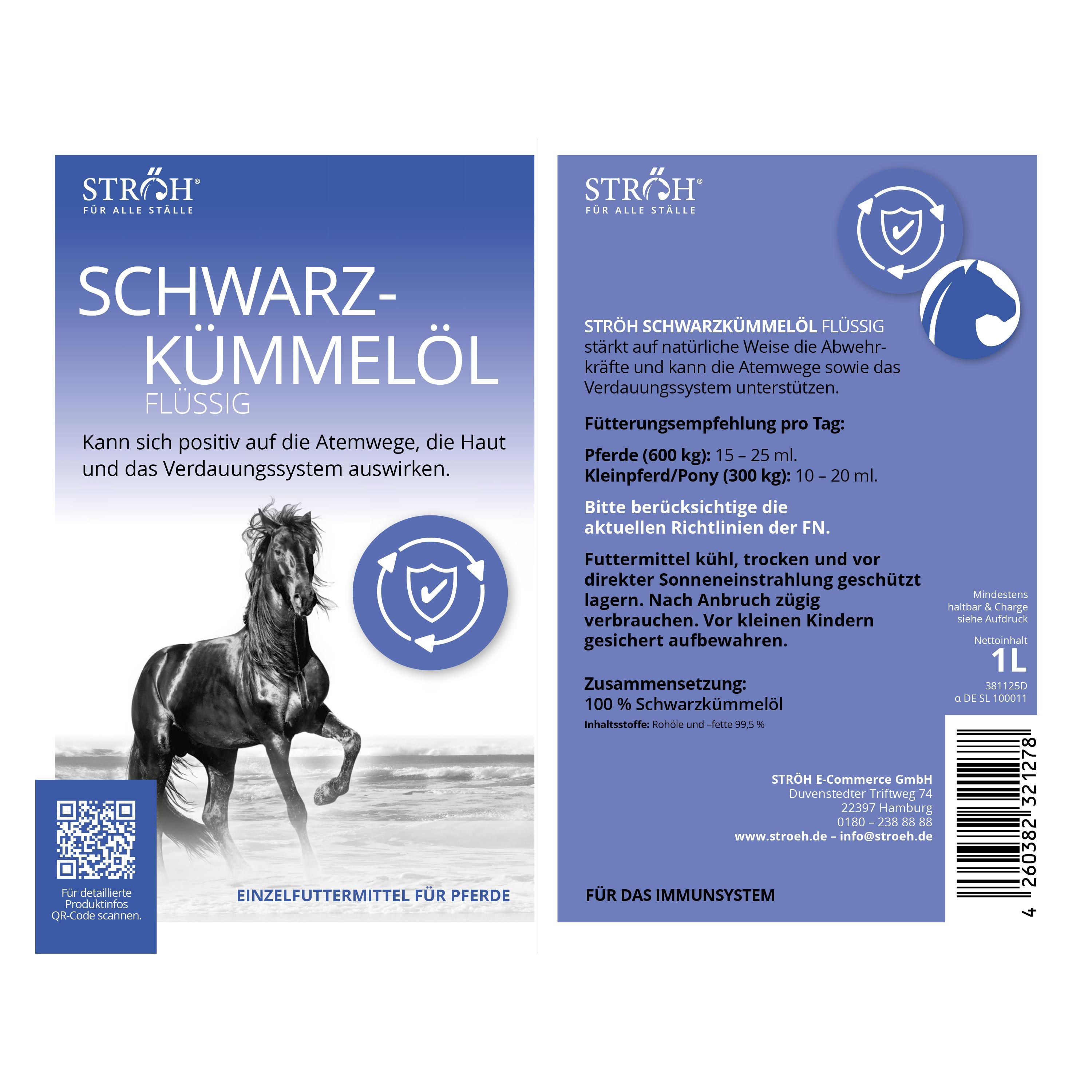 Etikett von STRÖH Schwarzkümmelöl. Produktname, Pferd-Illustration, QR-Code. Text: Einzel-Futtermittel für Pferde. 1L.