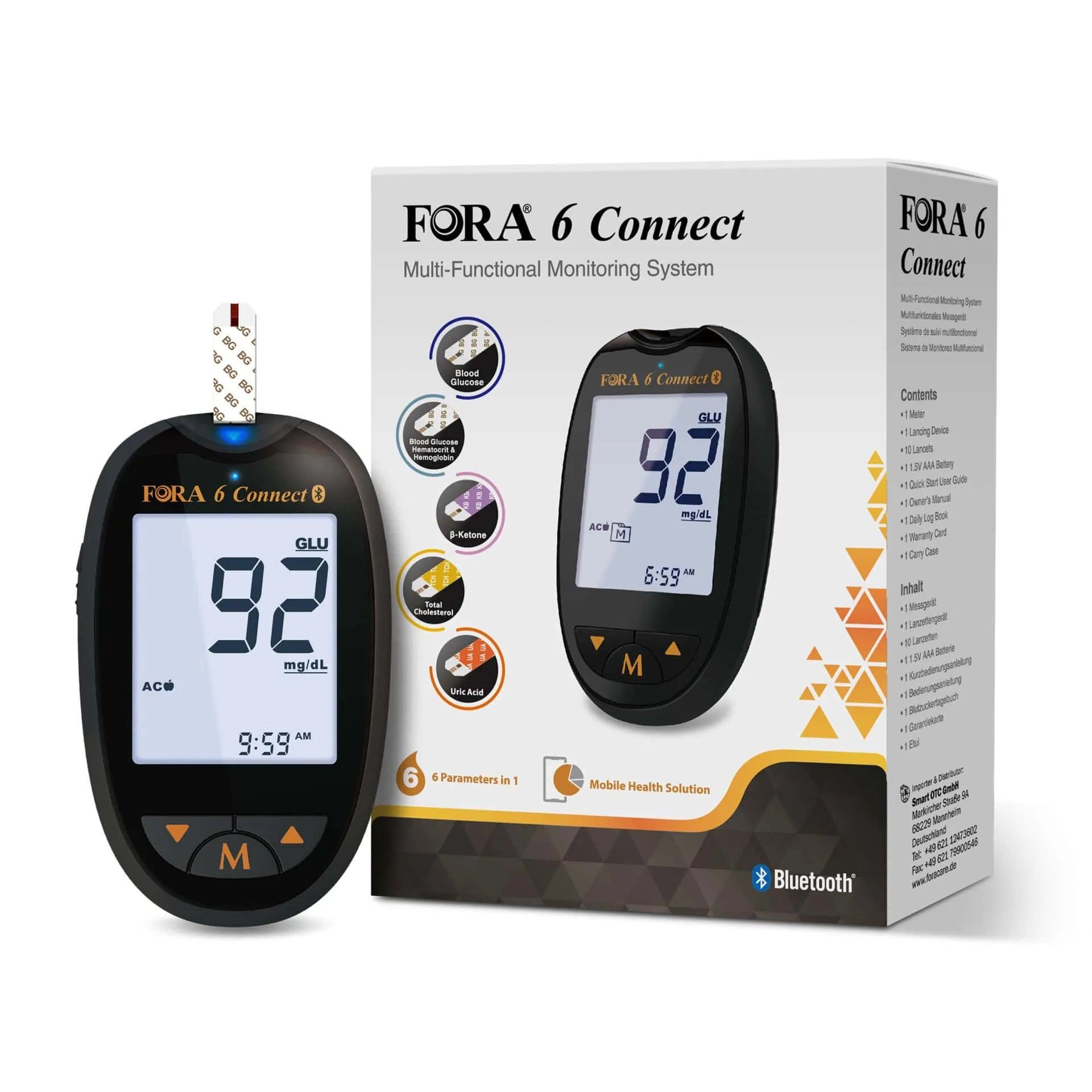FORA 6 Connect Messgerät mit Teststreifen und Verpackung. Zeigt Blutzuckerwert 92 mg/dL an.