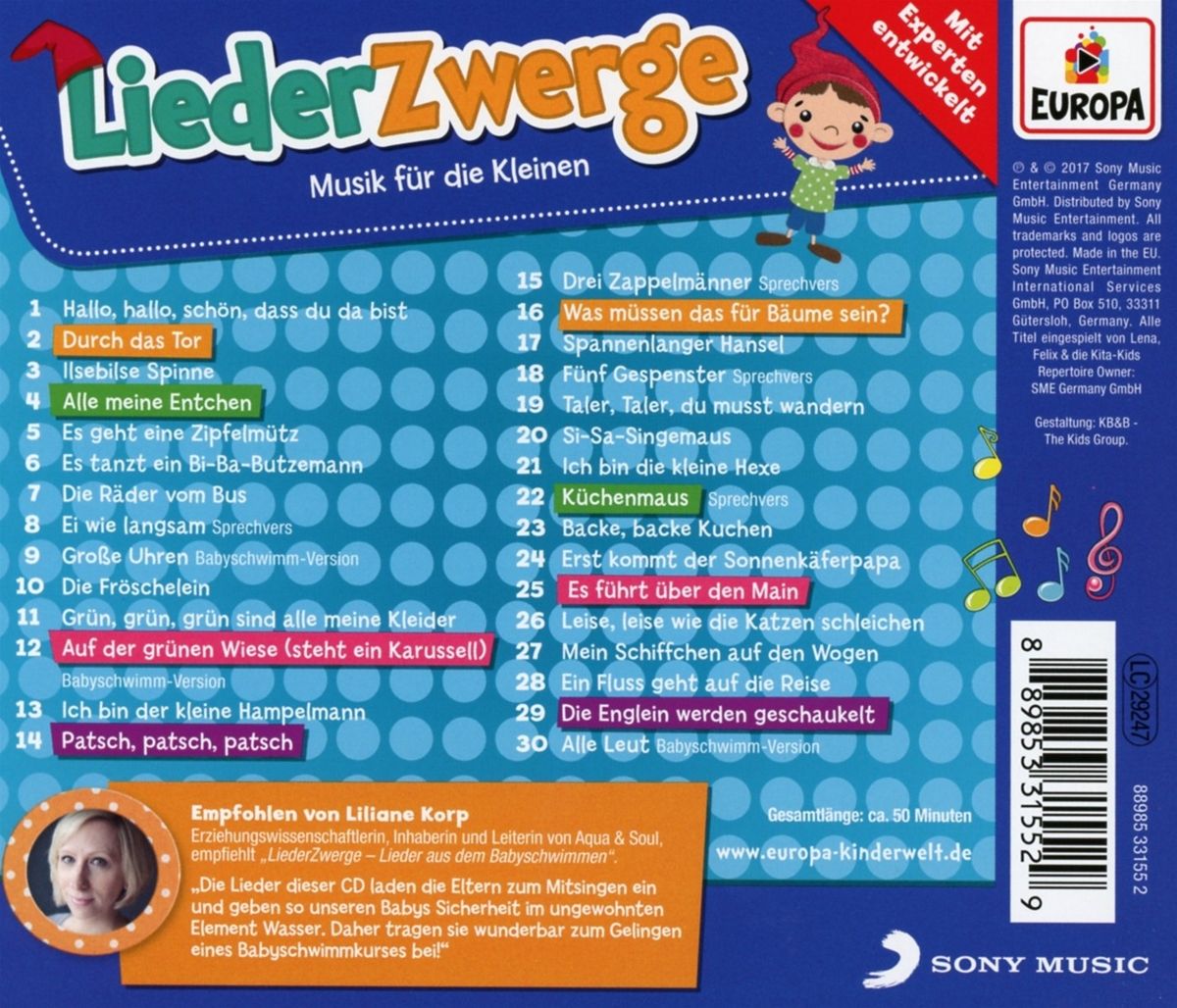 Rückseite der CD "LiederZwerge". Titel, Songliste, Text, Logo Europa, Sony Music. Foto von Liliane Korp. Text über Babyschwimmen.