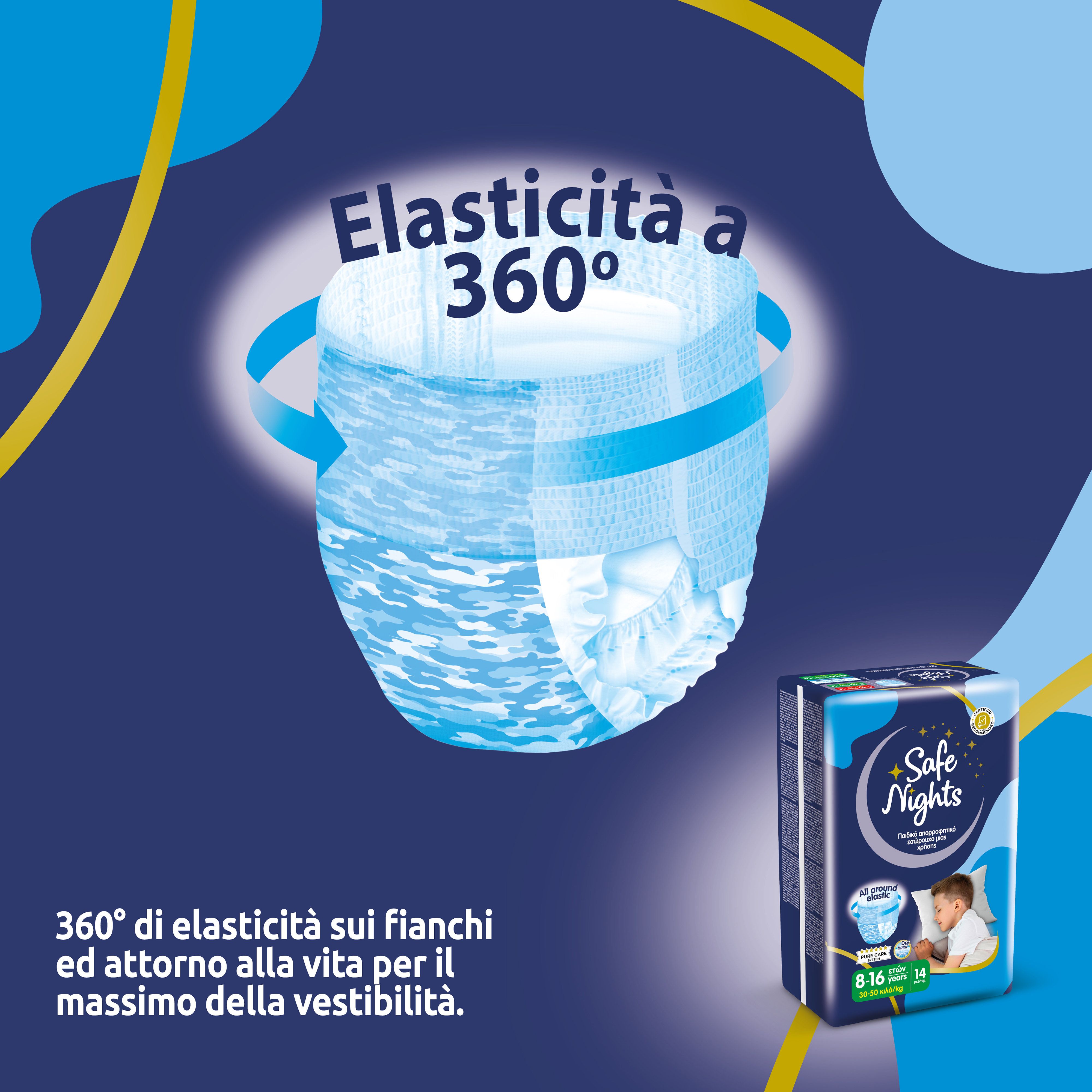 Windel mit 360° Elastizität. Verpackung von Babylino Safe Nights Boys Pants 8-16 Jahre. Blaue Verpackung mit Produktabbildung.