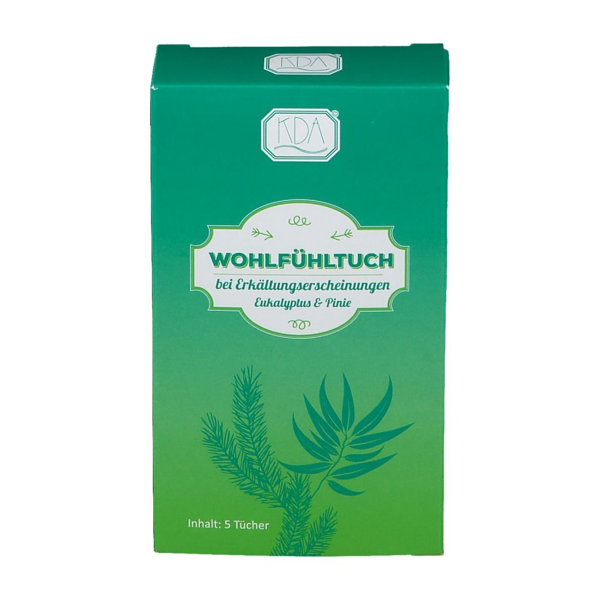Grüne Verpackung mit Produktnamen und Logo. Enthält 5 Tücher. Aufdruck mit Pflanzenmotiv und Produktbezeichnung.