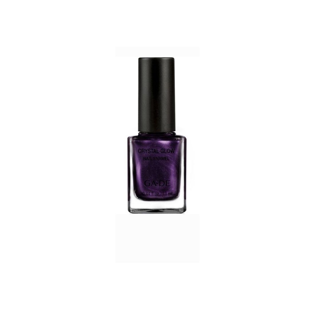 Ga-De Crystal Glow Nagellack. Violette Farbe in quadratischer Glasflasche mit schwarzem Deckel. Schriftzug "Crystal Glow" und "Ga-De".